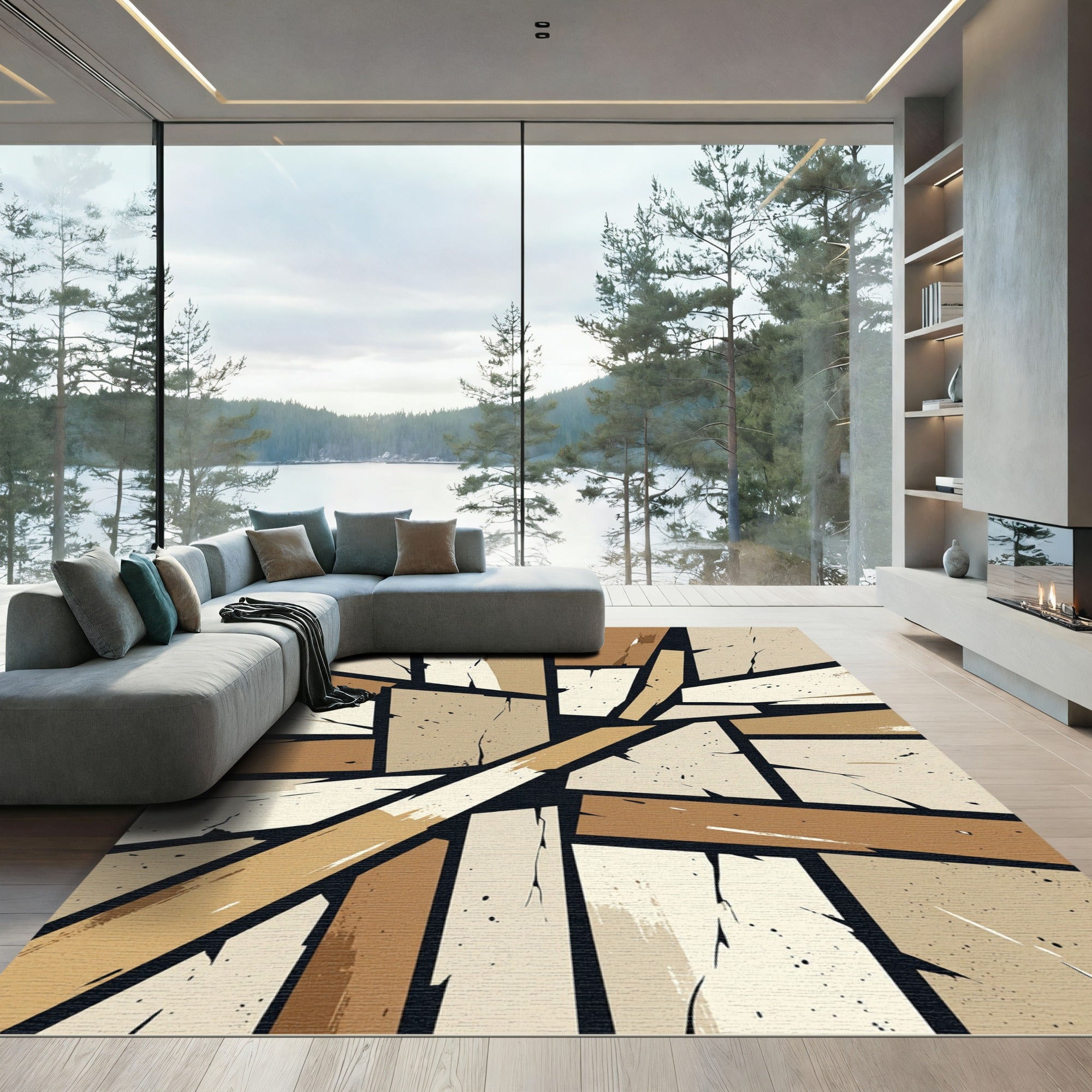 Earthy Toned Cracked Geometric Slabs Rug