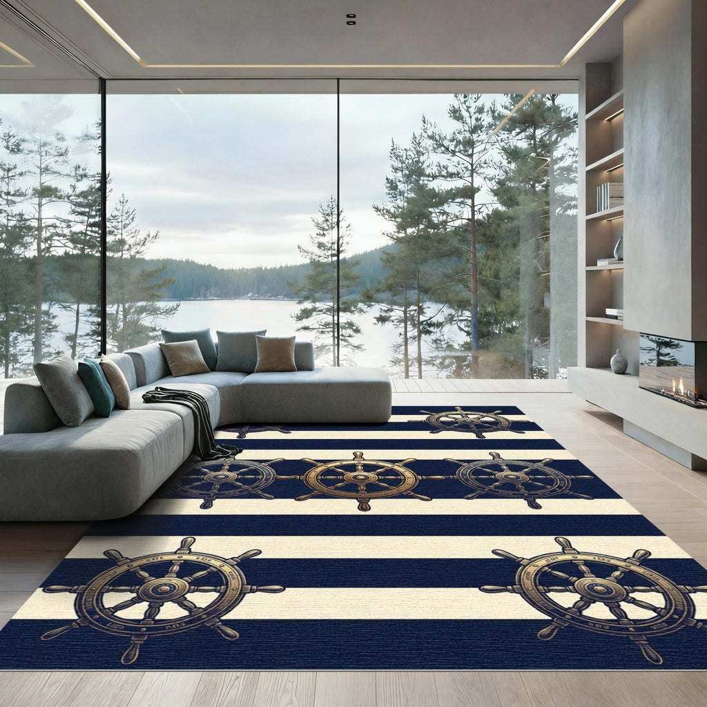 Navy and Cream Nautical Ship Wheel Rug