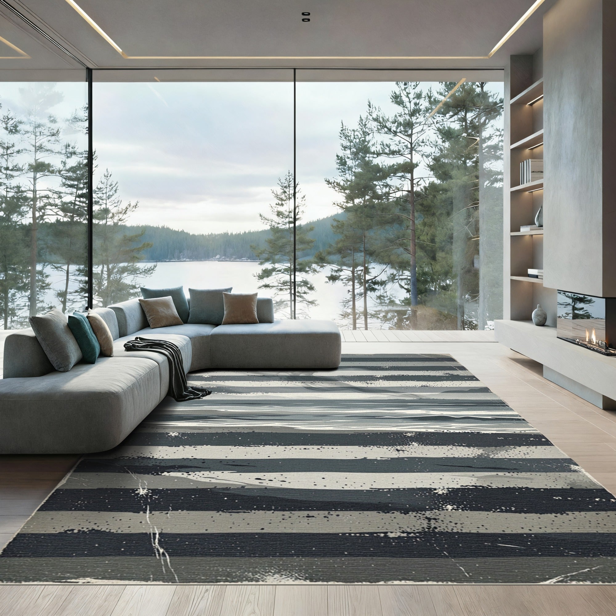 Grayscale Striped Abstract Landscape Rug