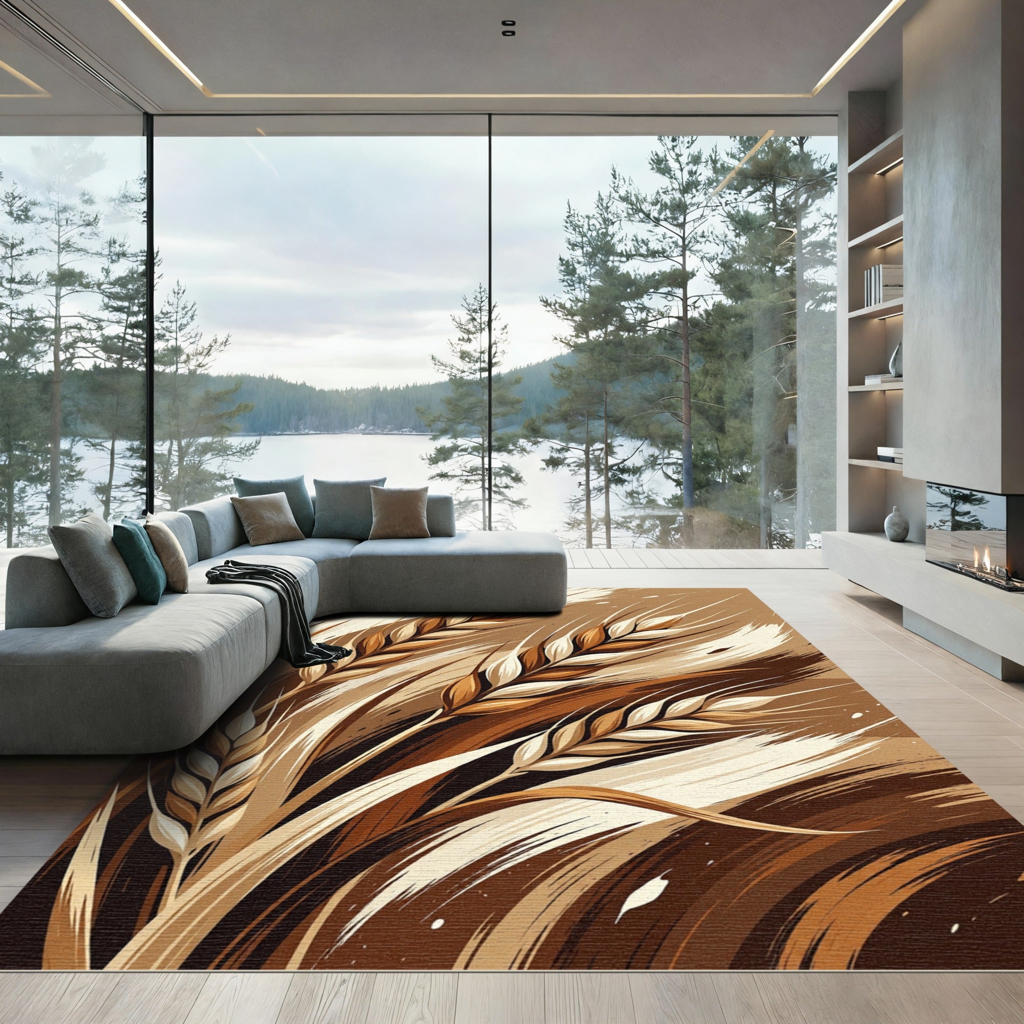 Earthy Wheat Ears Brushstrokes Rug