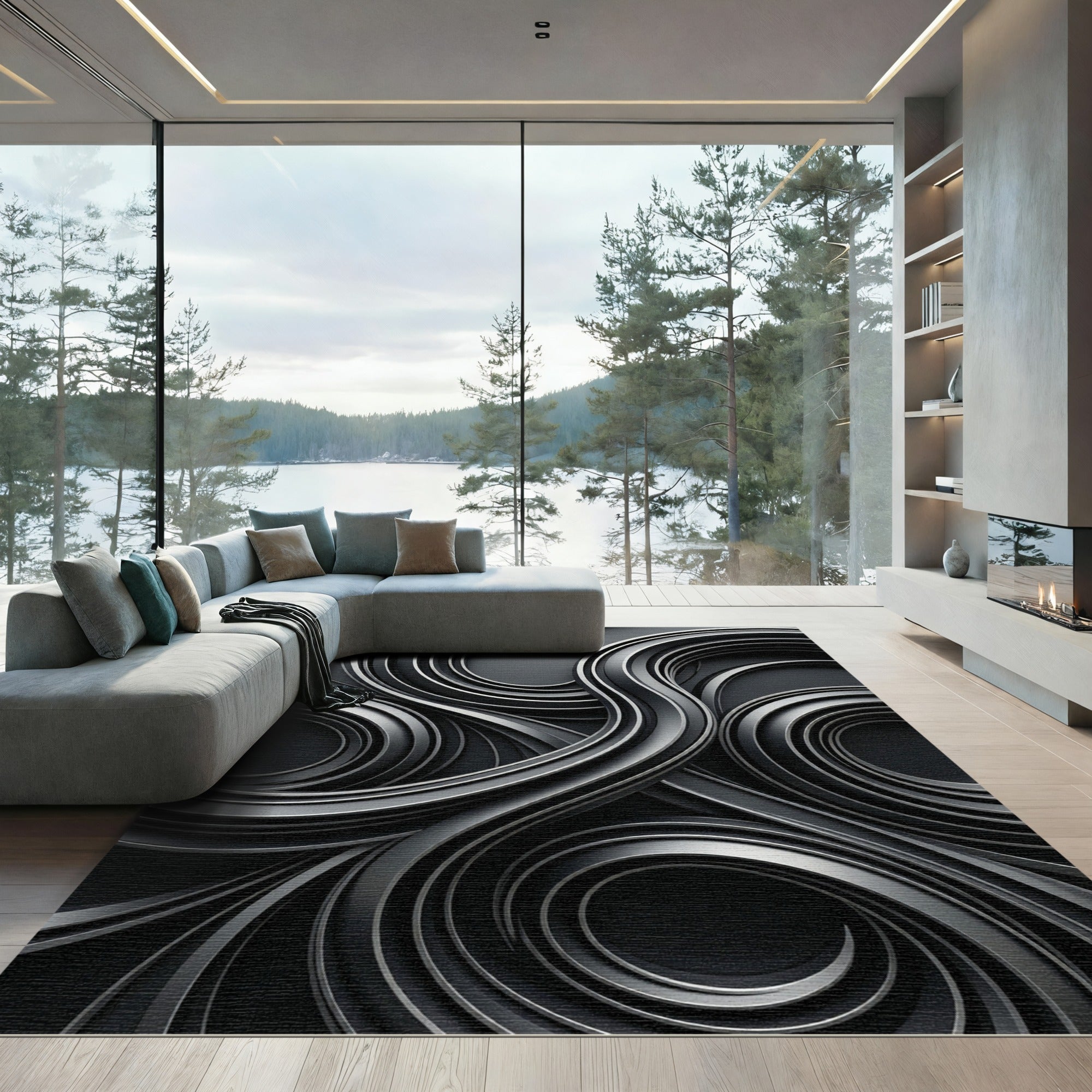 Charcoal Swirl Abstract Metal Ribbons Rug