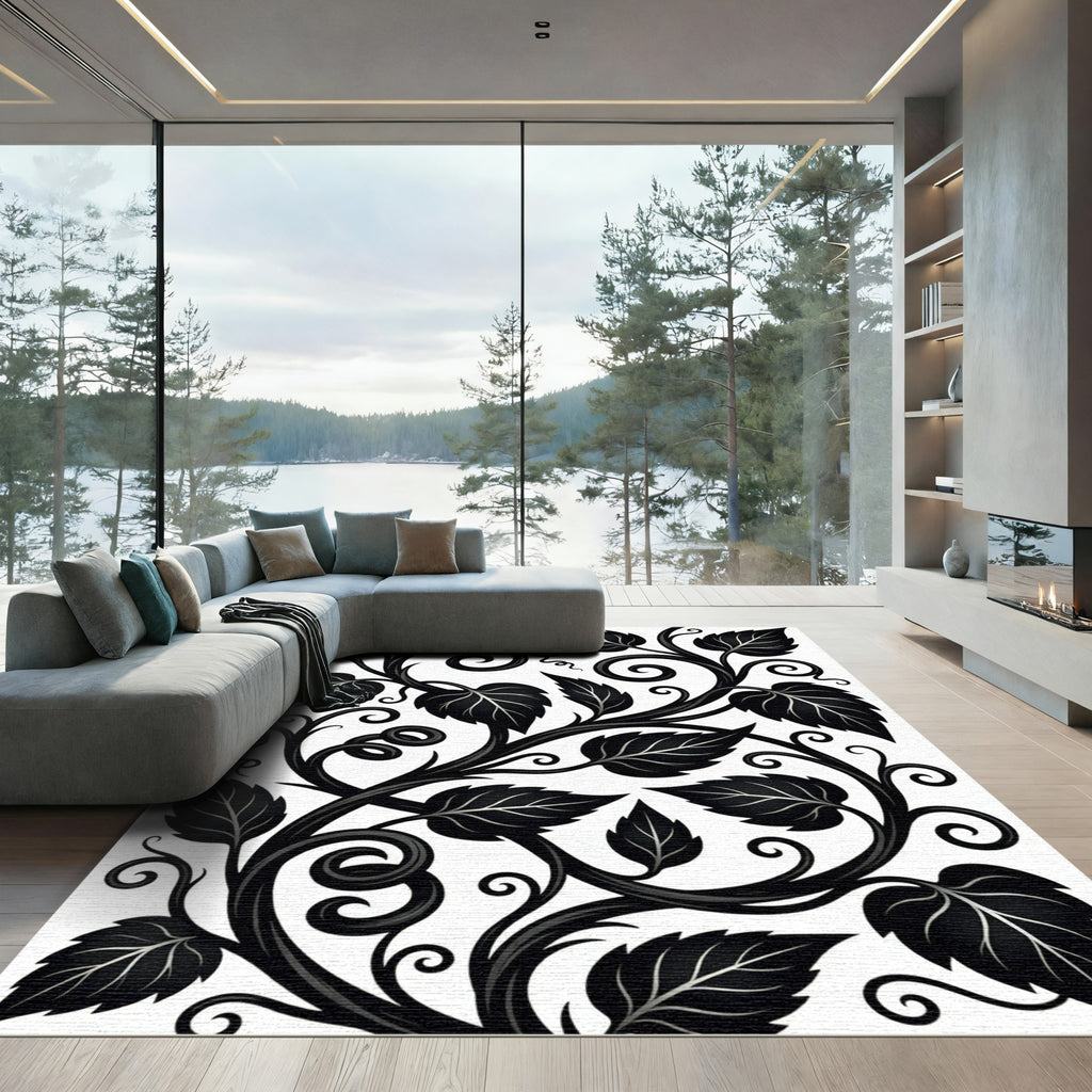 Black Vine Scroll Leafy Composition Rug