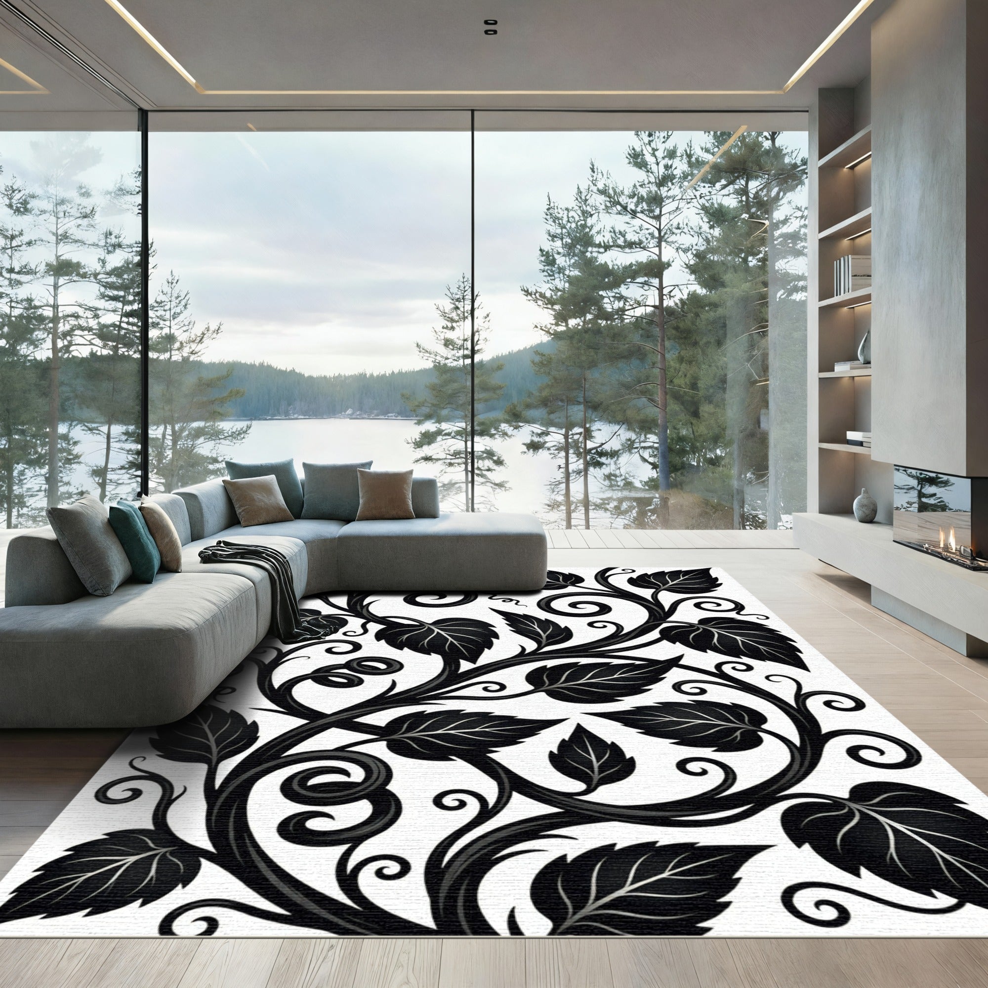 Black Vine Scroll Leafy Composition Rug