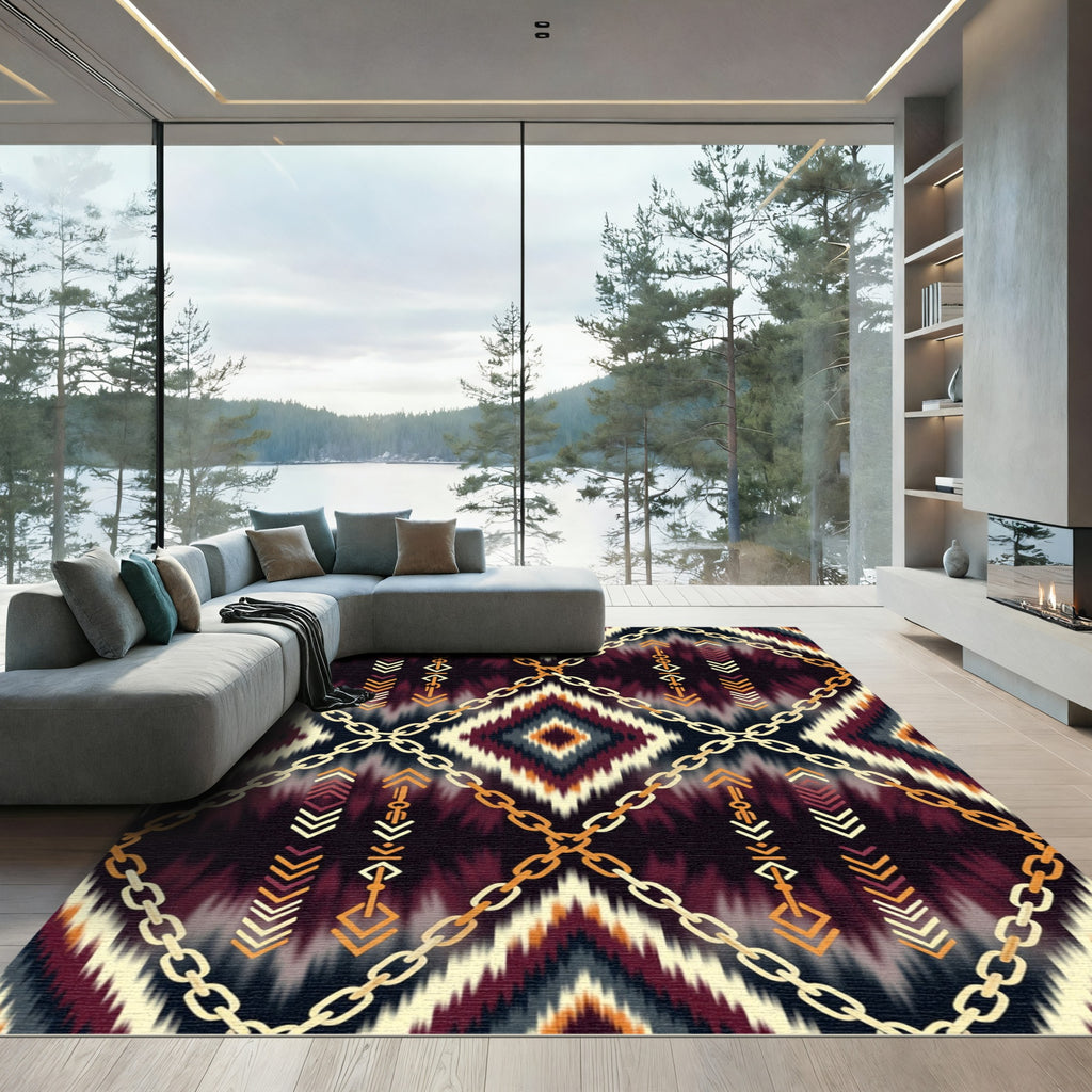 Chic Maroon Geometric Chain Link Tapestry Rug