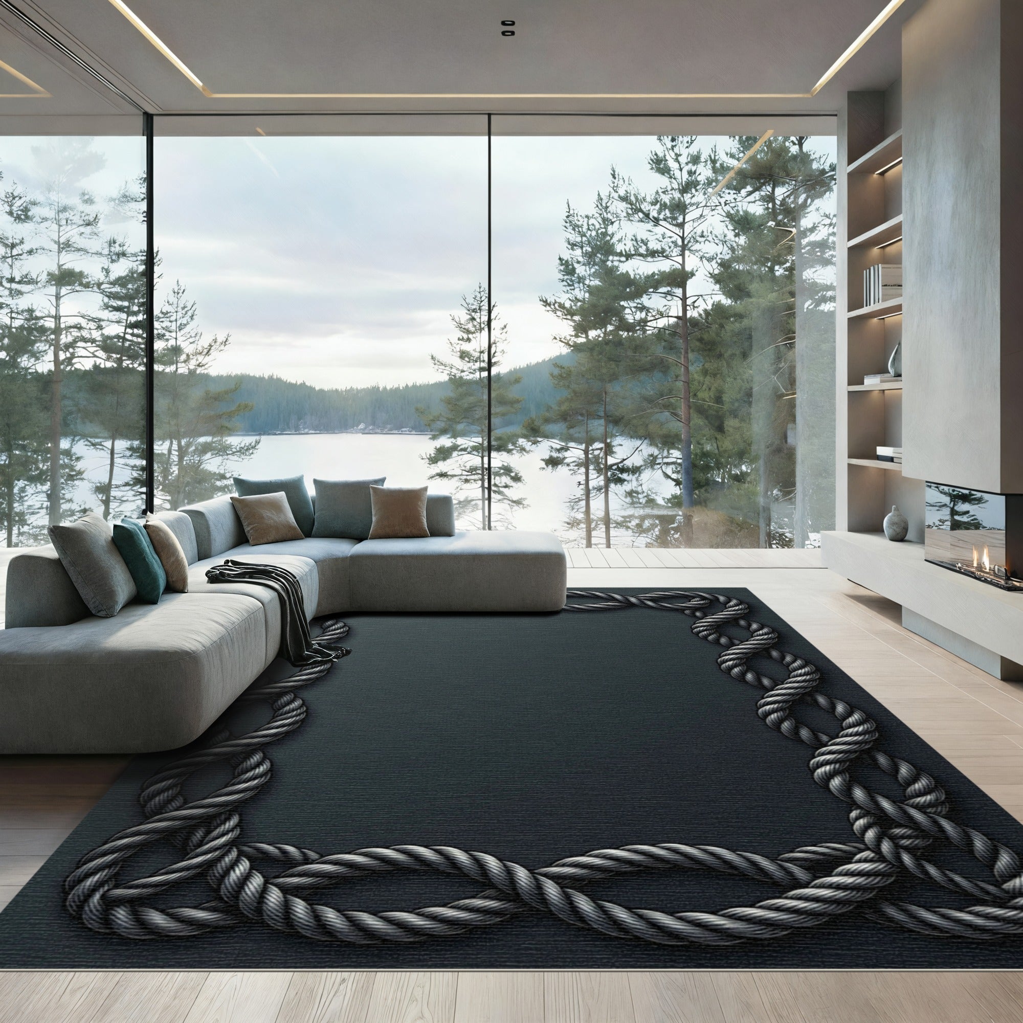 Dark Gray Braided Rope Border Rug