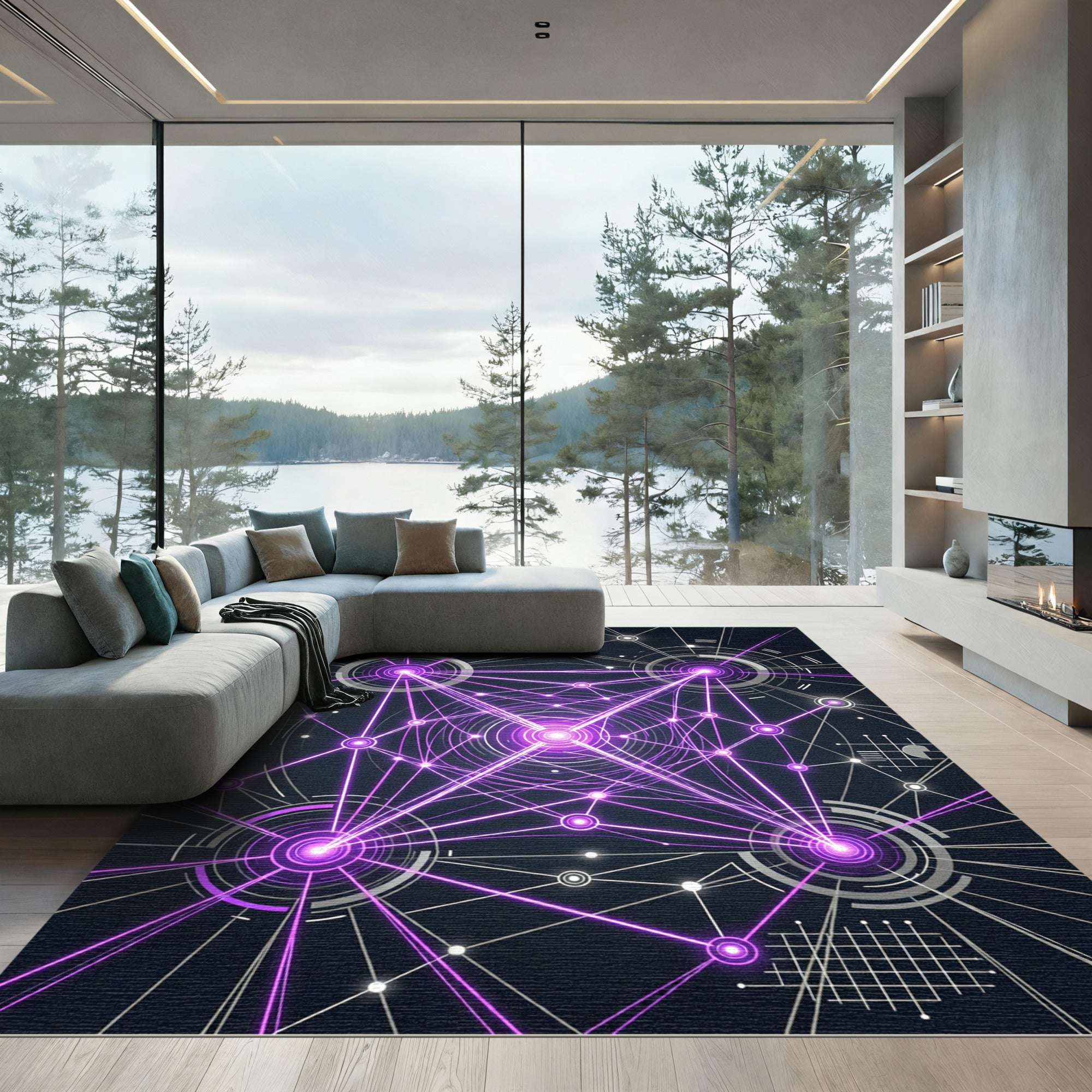 Neon Violet Cybernetic Radiant Grid Rug
