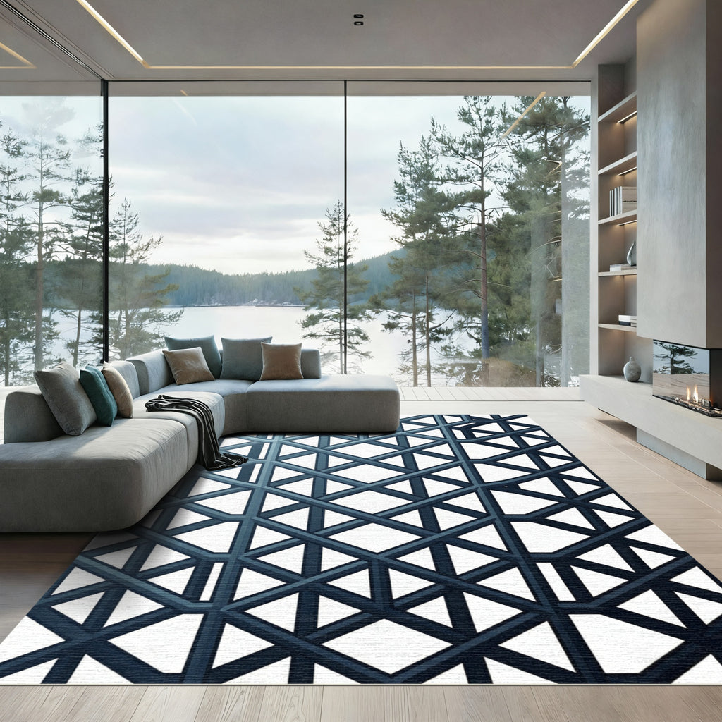 Modern Slate Blue Geometric Lattice Rug