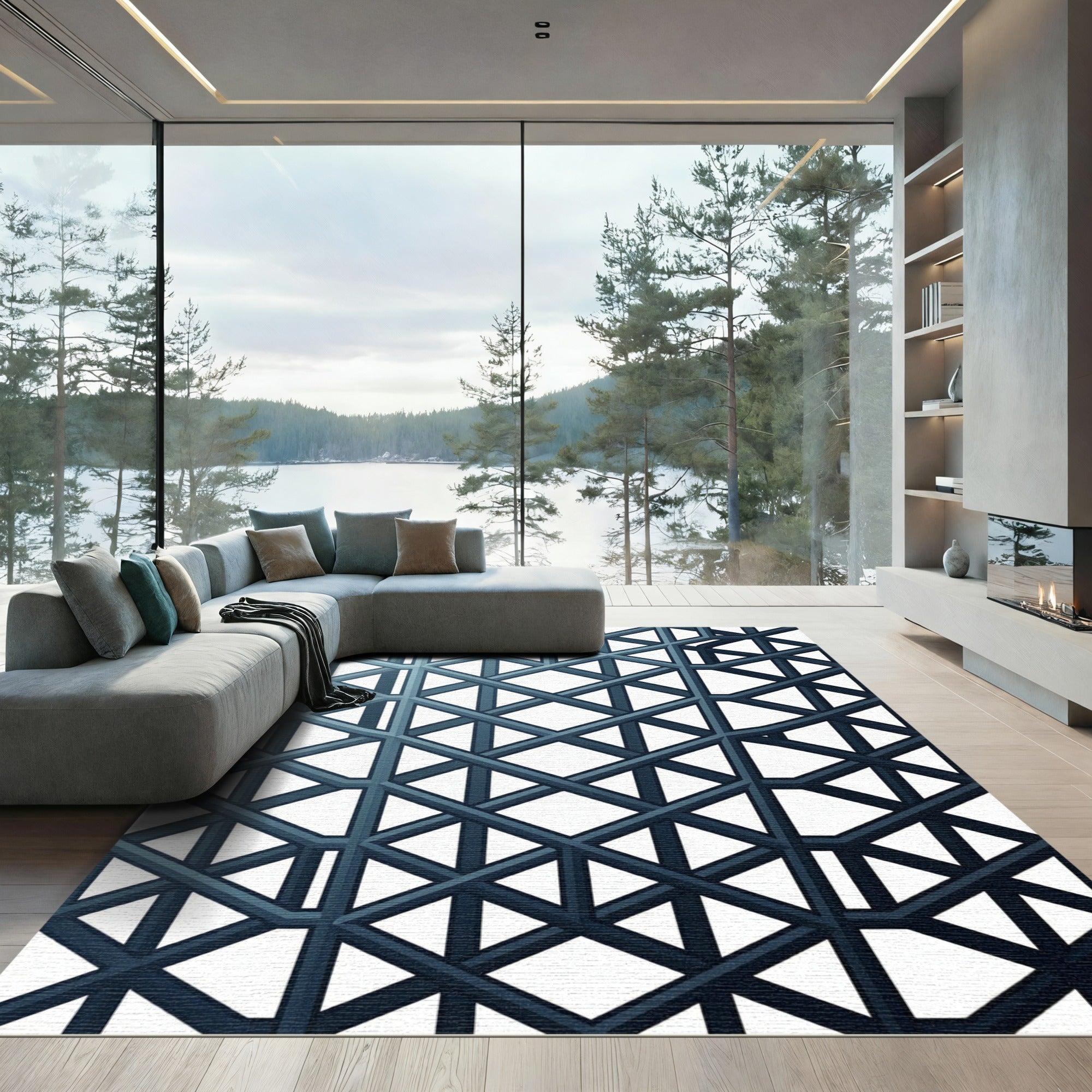 Modern Slate Blue Geometric Lattice Rug