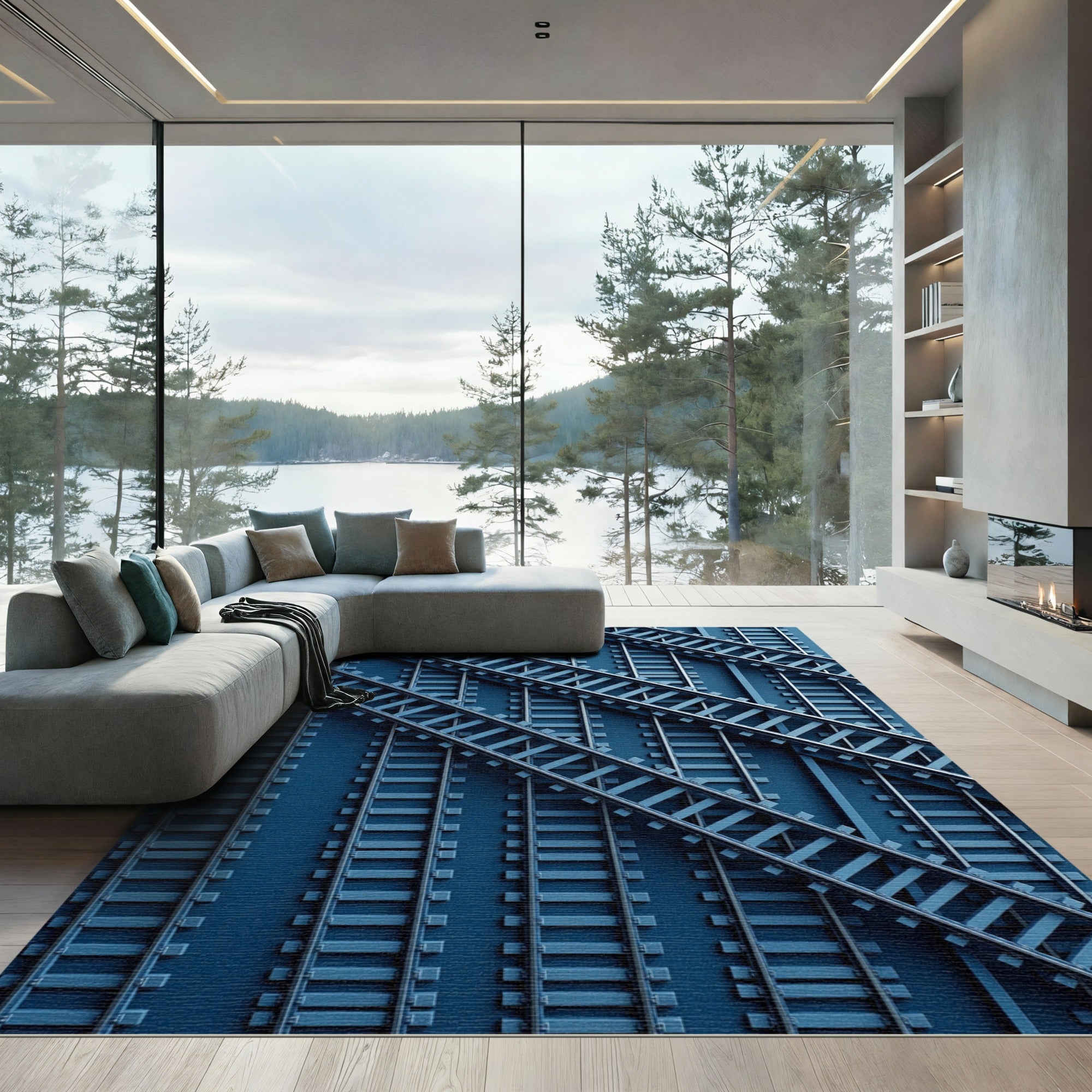 Modern Navy Industrial Railway Crossings Rug