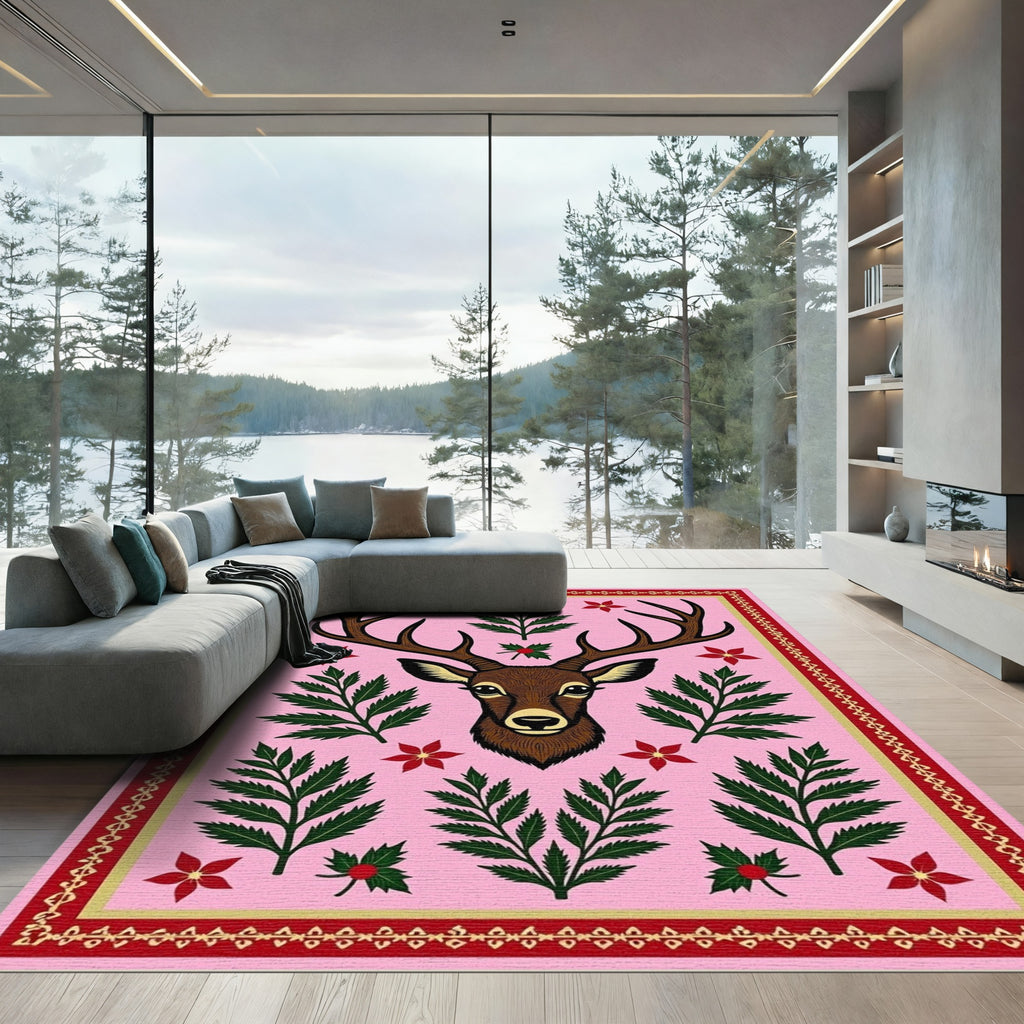 Pink Deer Floral Fern Border Rug