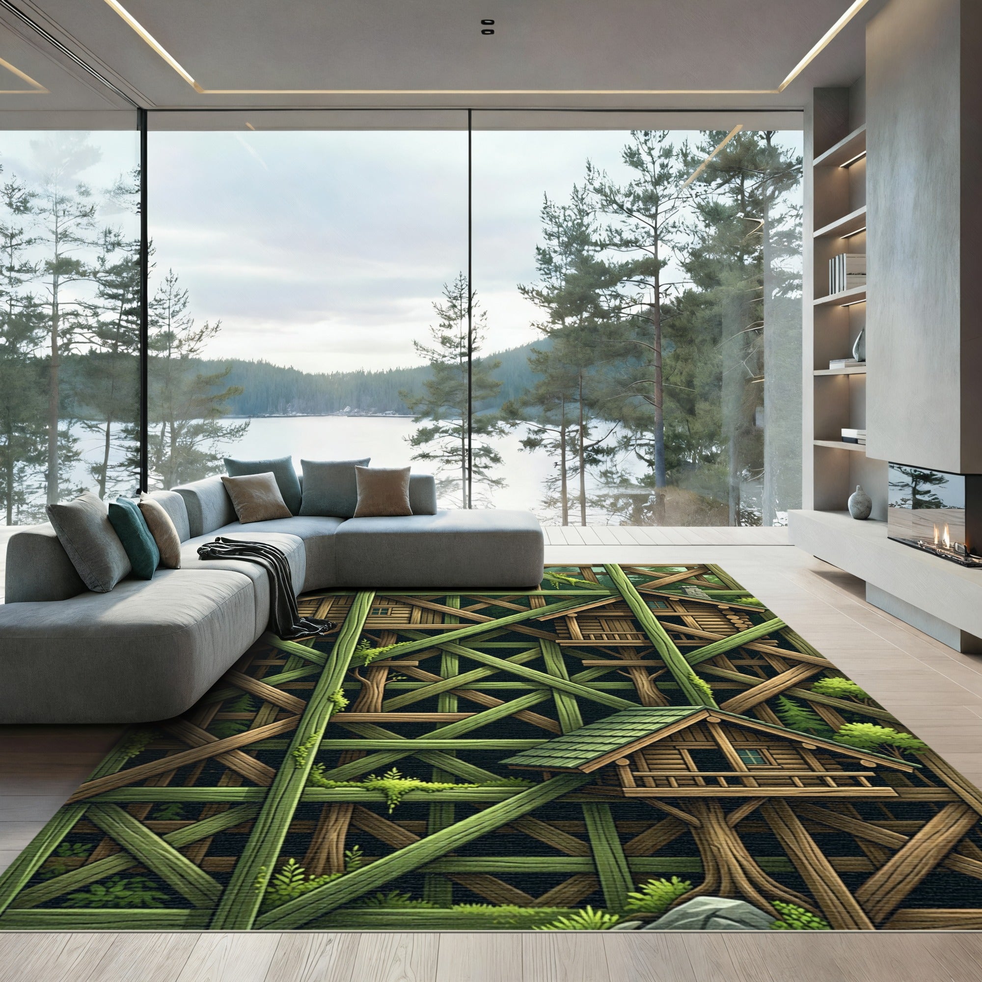 Geometric Forest Cabin Wood Trellis Rug