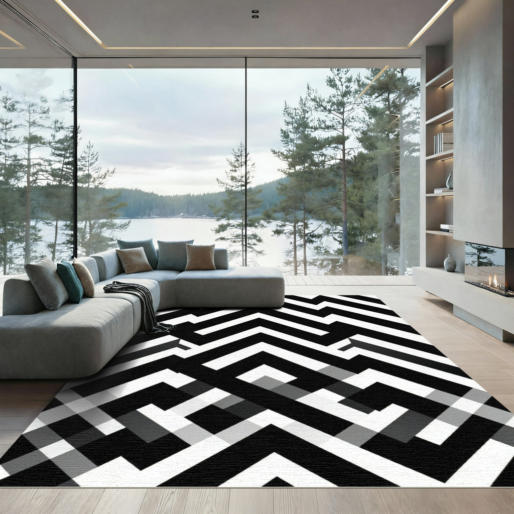 Bold Black and White Geometric Zigzag Rug