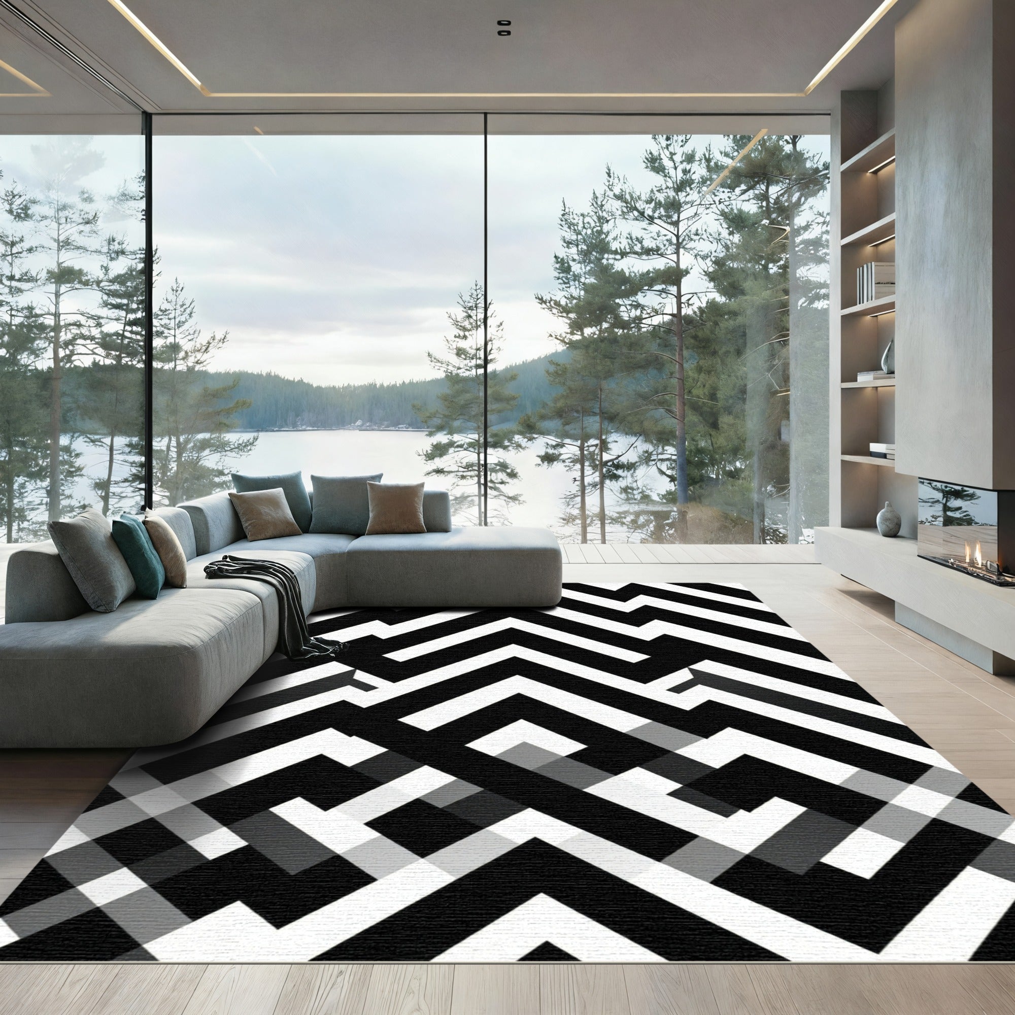 Bold Black and White Geometric Zigzag Rug