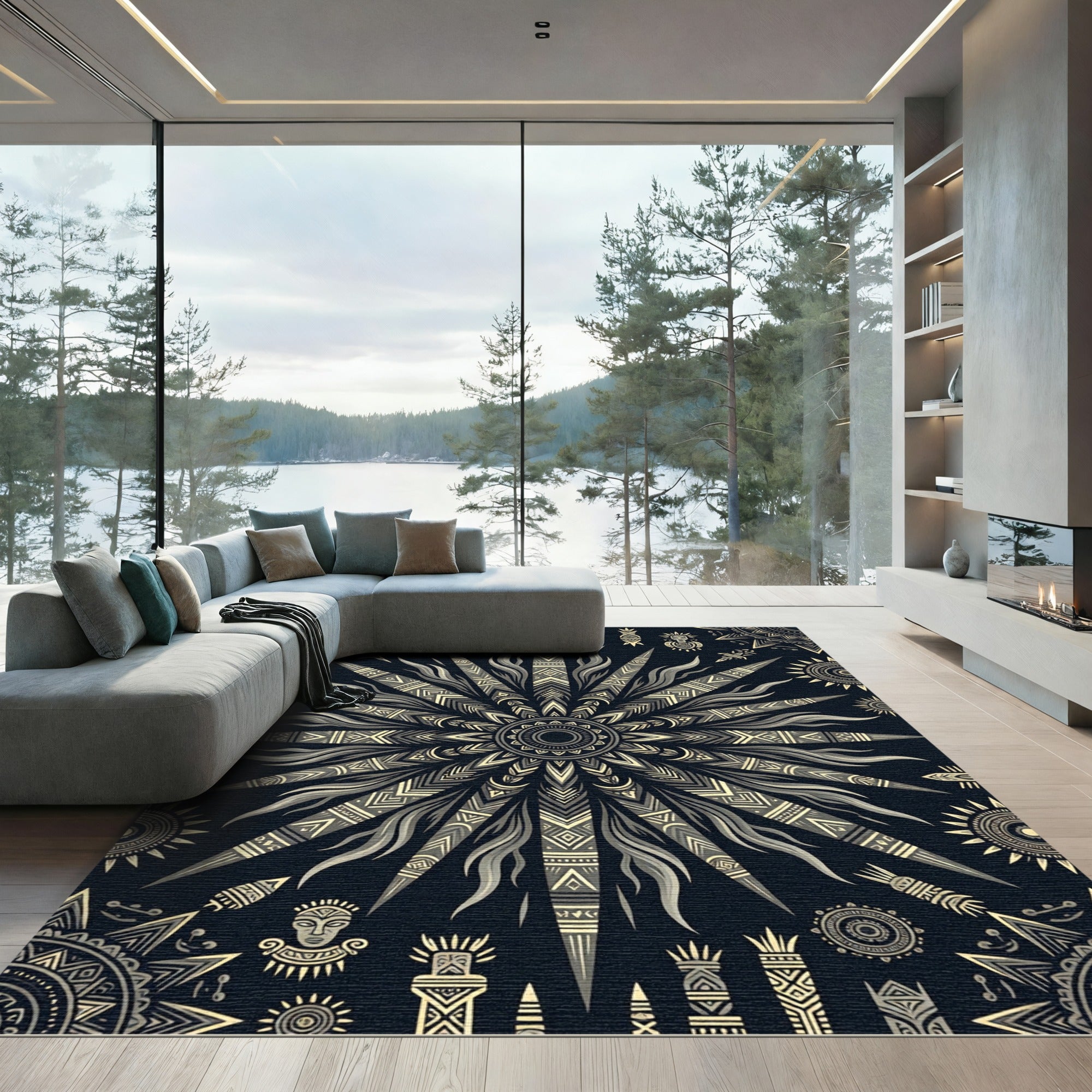 Celestial Golden Sunburst Dark Lunar Medallion Rug