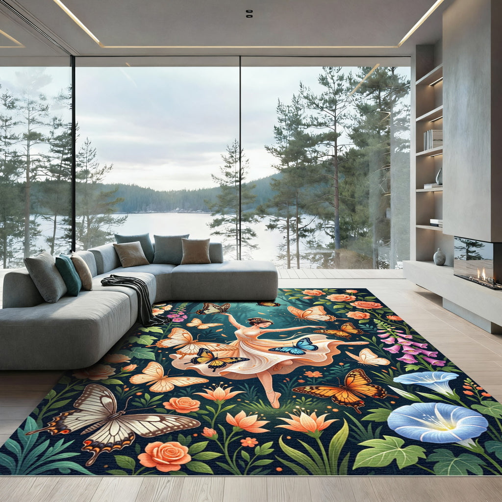 Whimsical Golden Butterfly Enchanted Garden Rug