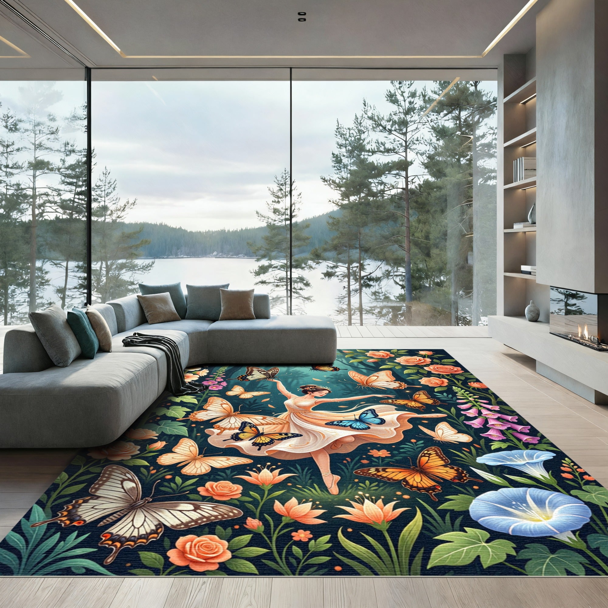 Whimsical Golden Butterfly Enchanted Garden Rug