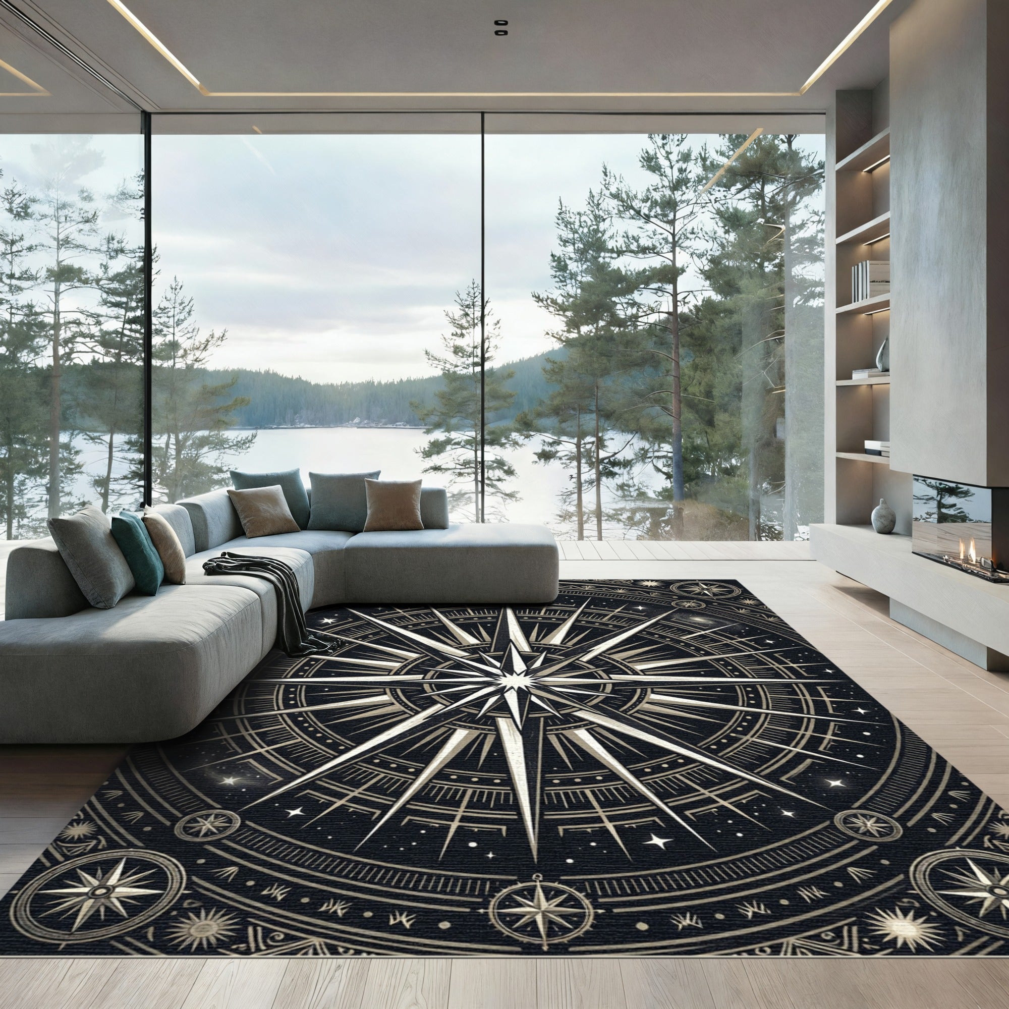 Celestial Gold Astral Compass Mandala Rug