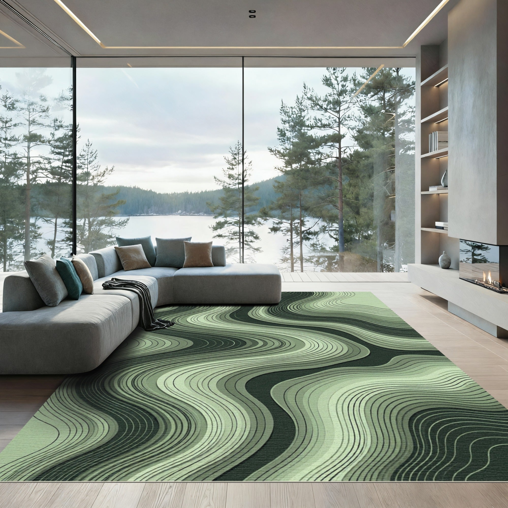 Modern Sage Green Layered Wave Rug