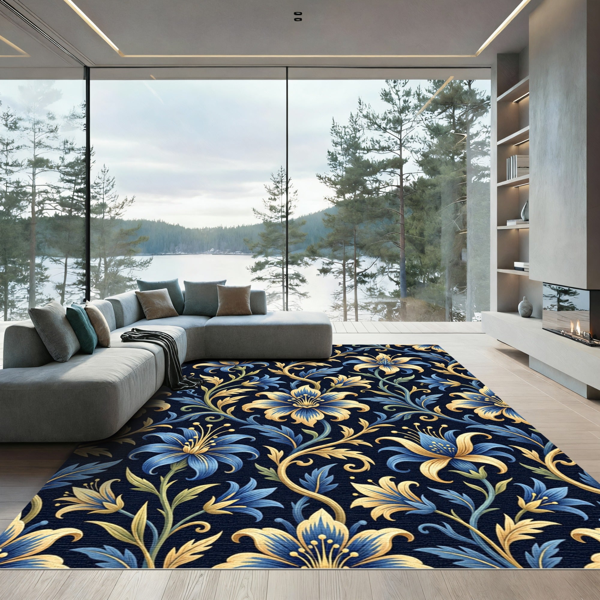 Golden Floral Vine Blue Botanical Art Rug