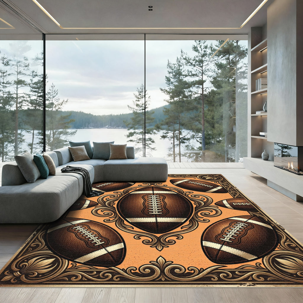 Vintage Football Ornate Golden Filigree Art Rug