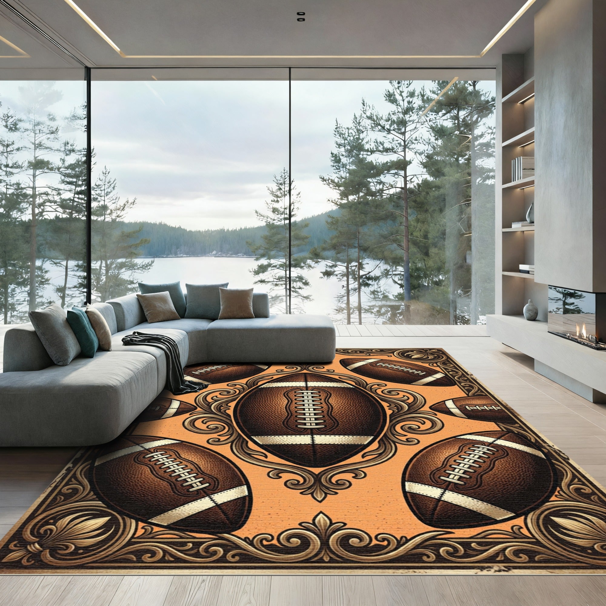 Vintage Football Ornate Golden Filigree Art Rug