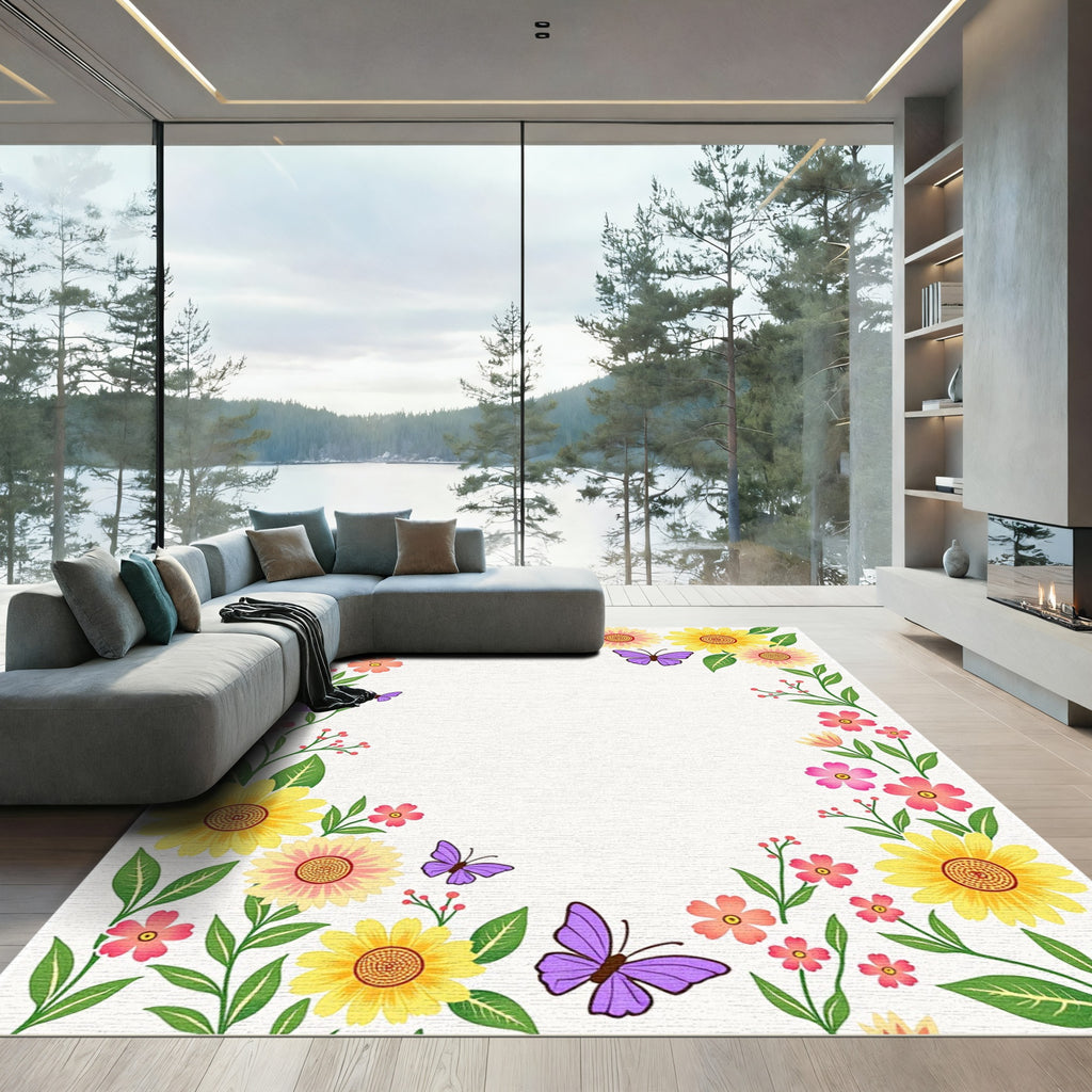 Vibrant Yellow Pink Floral Butterfly Garden Rug