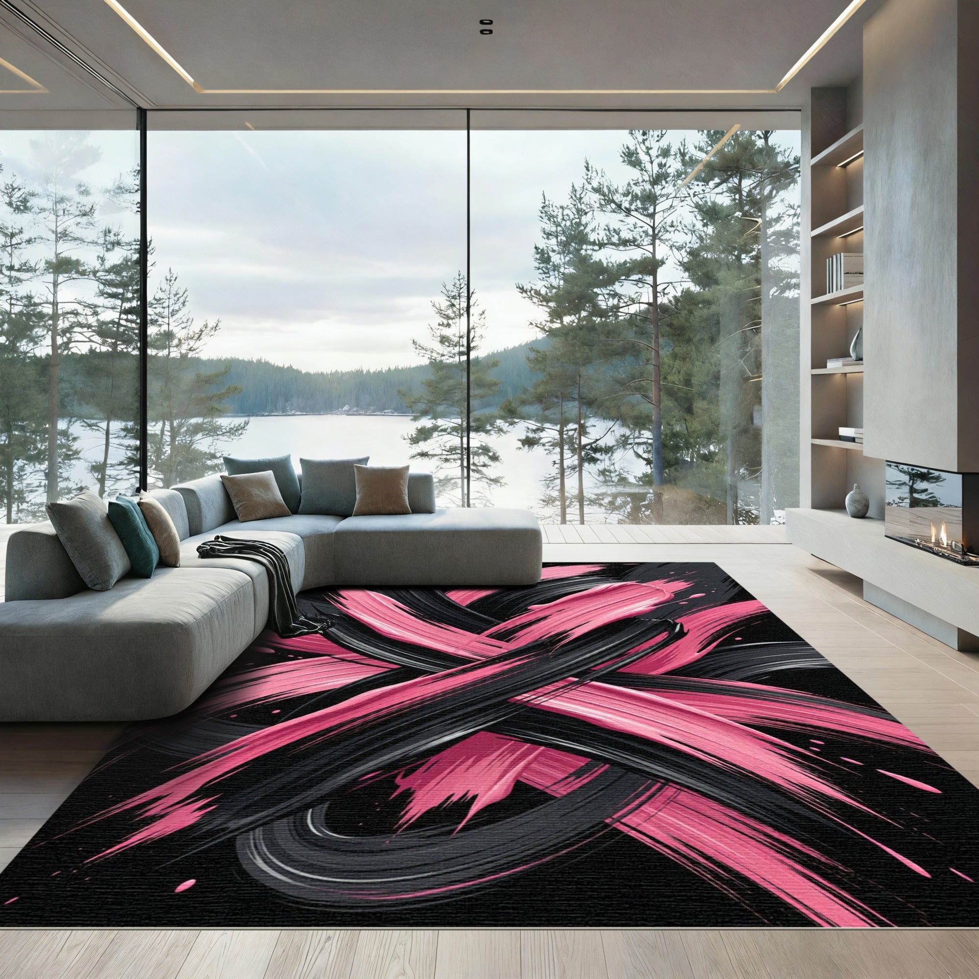 Bold Black and Pink Abstract Swirls Rug