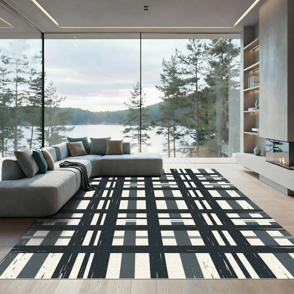 Grayscale Woven Checkered Plank Rug