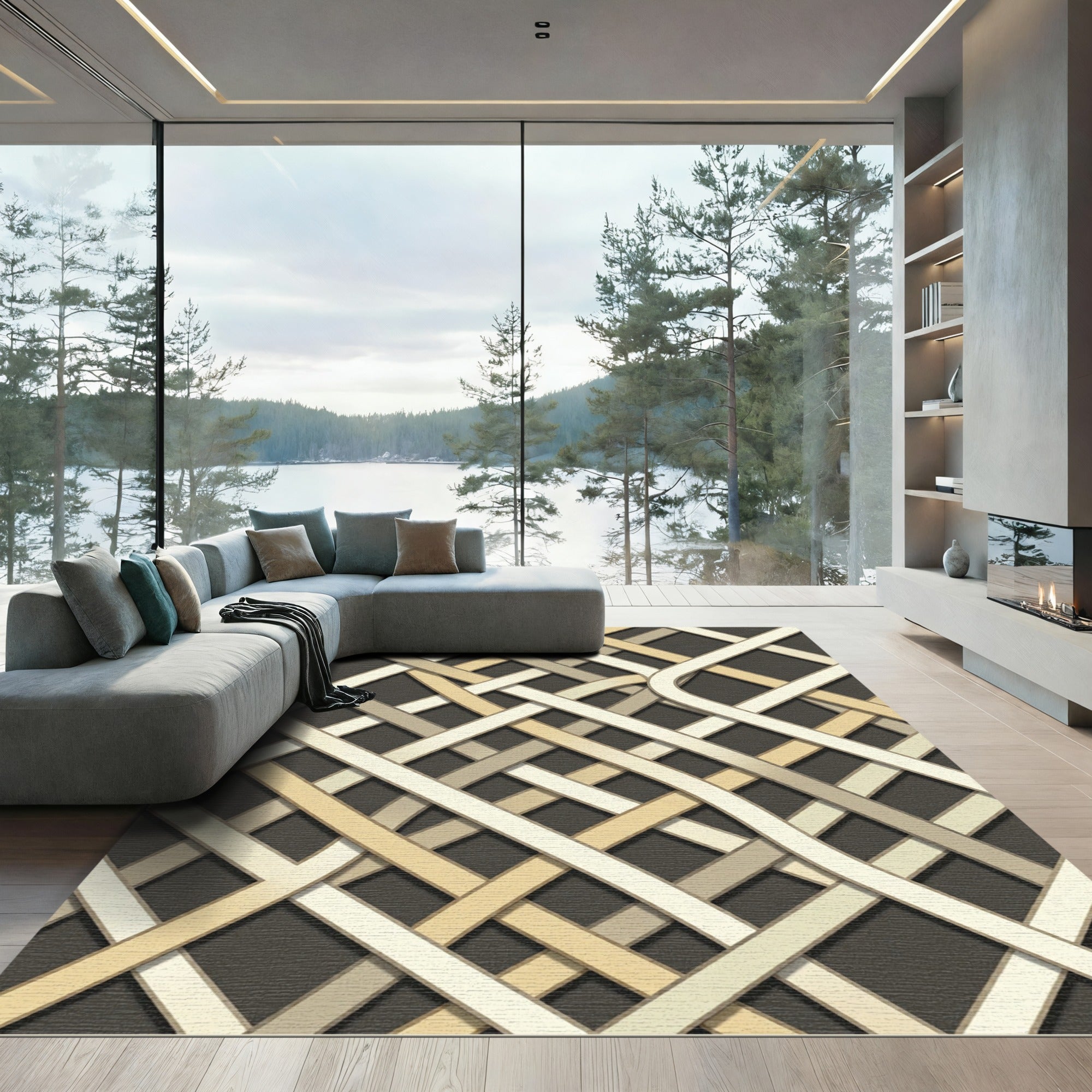 Neutral Interwoven Cream and Taupe Grid Rug