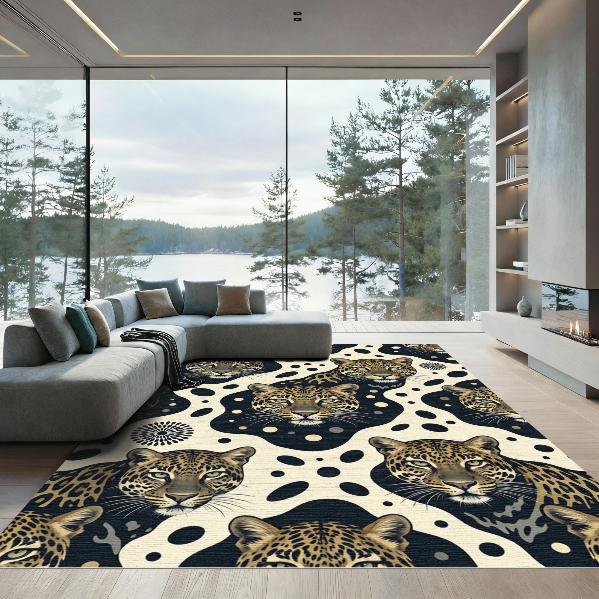 Elegant Cream Leopard Face Ink Blot Rug