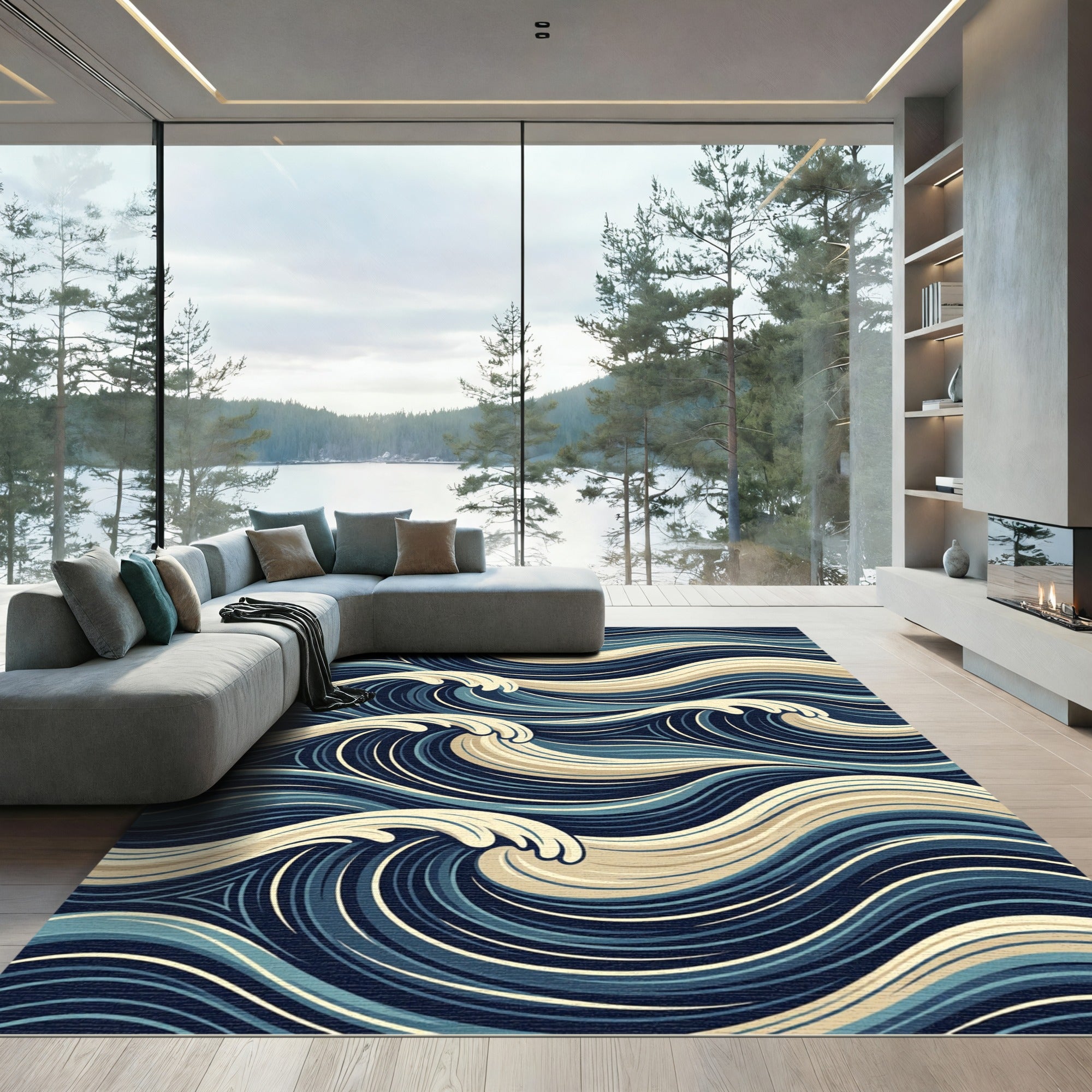 Deep Blue Swirling Wave Harmony Rug