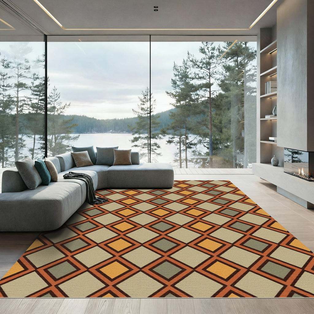 Mid-Century Earthy Geometric Diamond Grid Rug