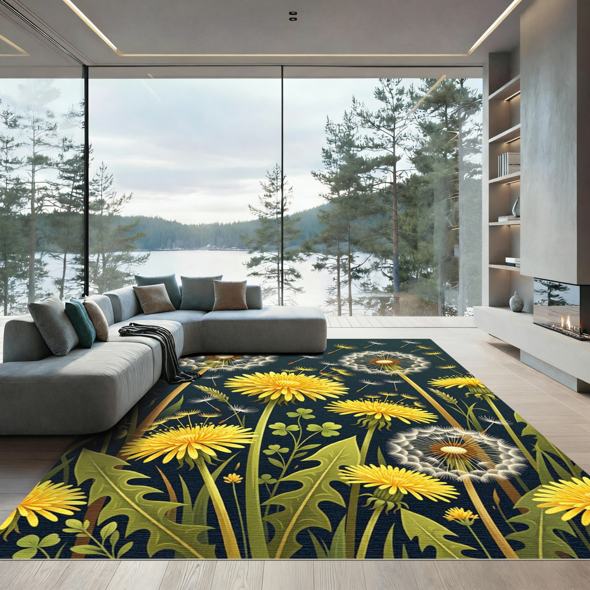 Golden Dandelion Garden on Midnight Blue Rug