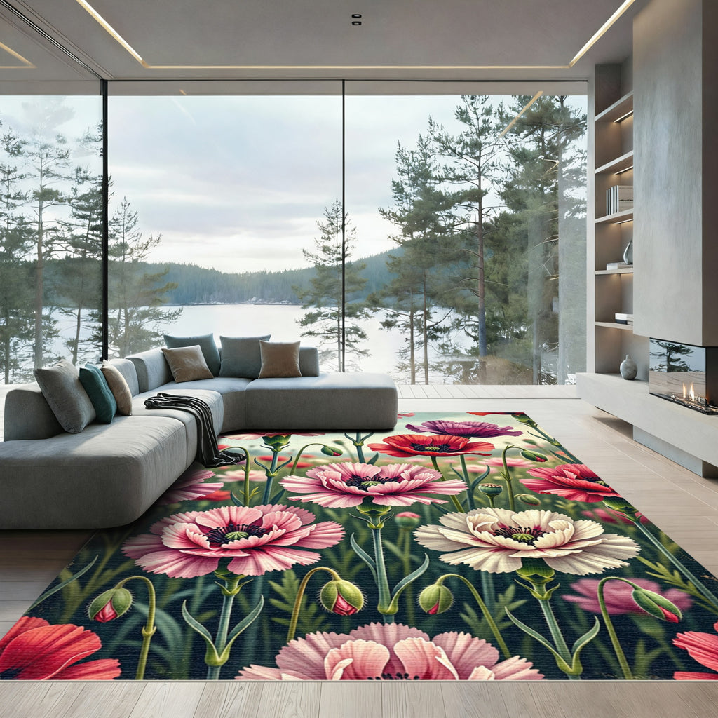 Vibrant Pink Poppy Garden Floral Rug