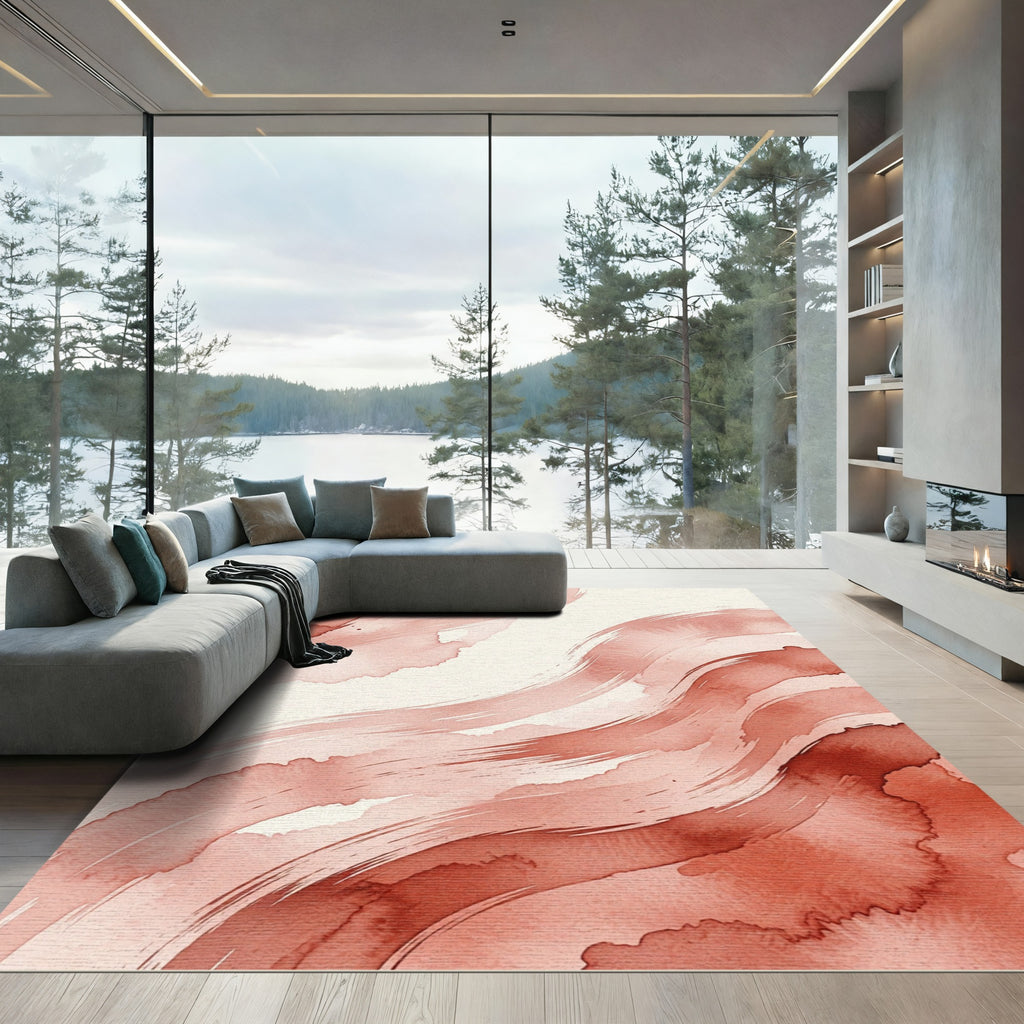 Coral Watercolor Abstract Brush Strokes Rug
