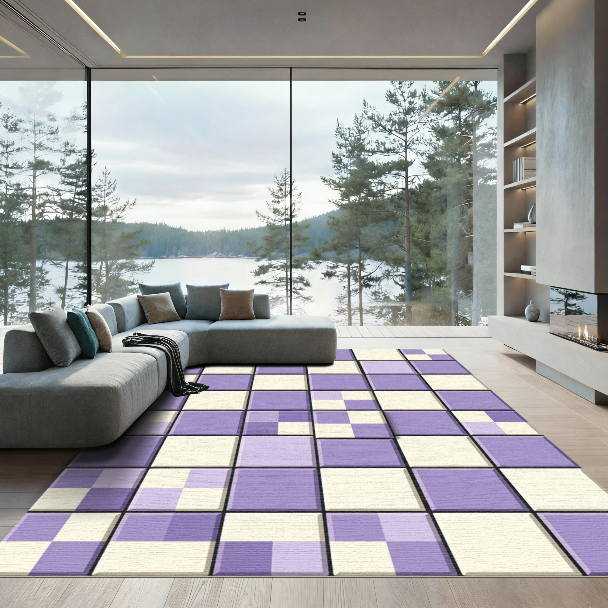 Lavender Cream Checkerboard Squares Rug