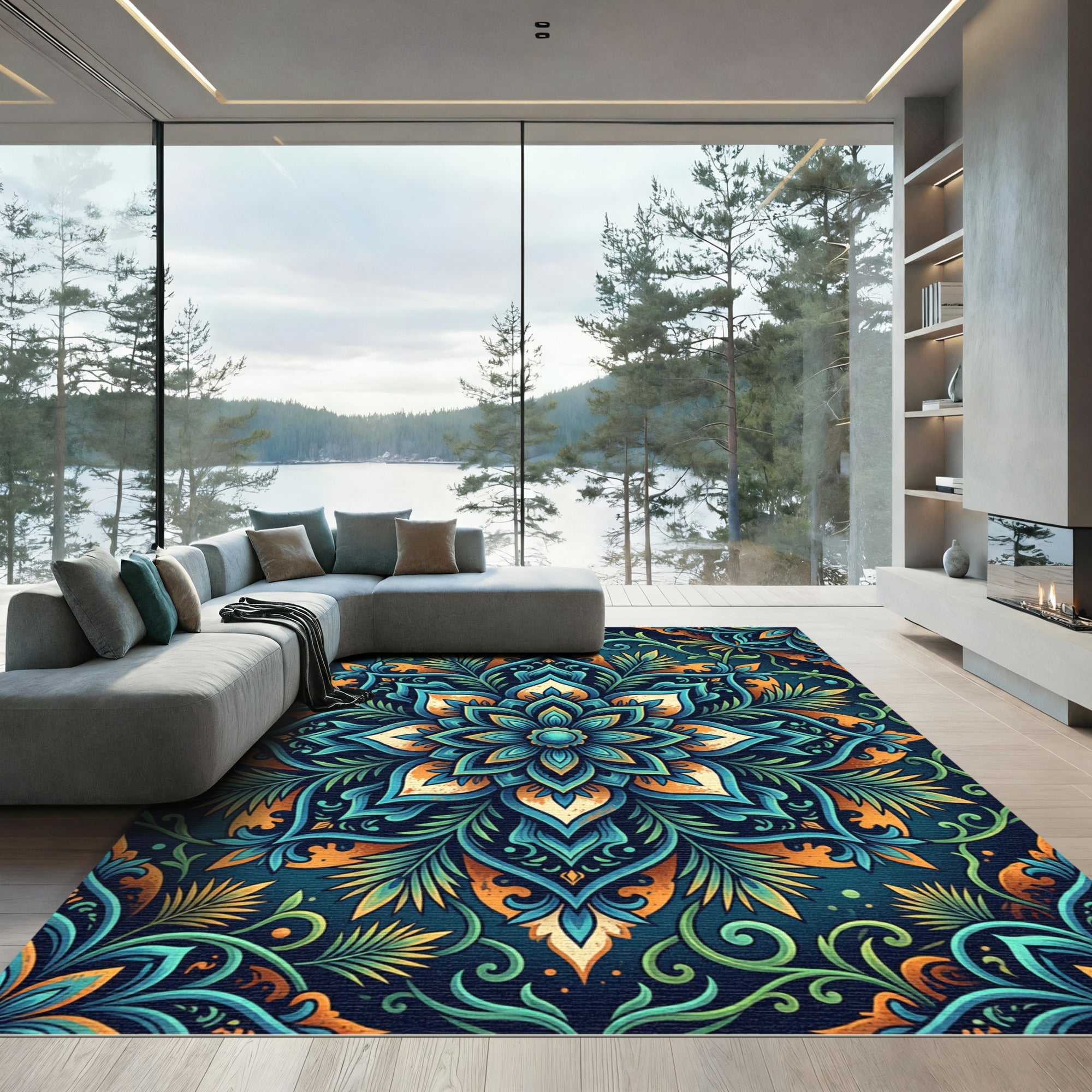 Teal and Amber Lotus Flower Medallion Rug