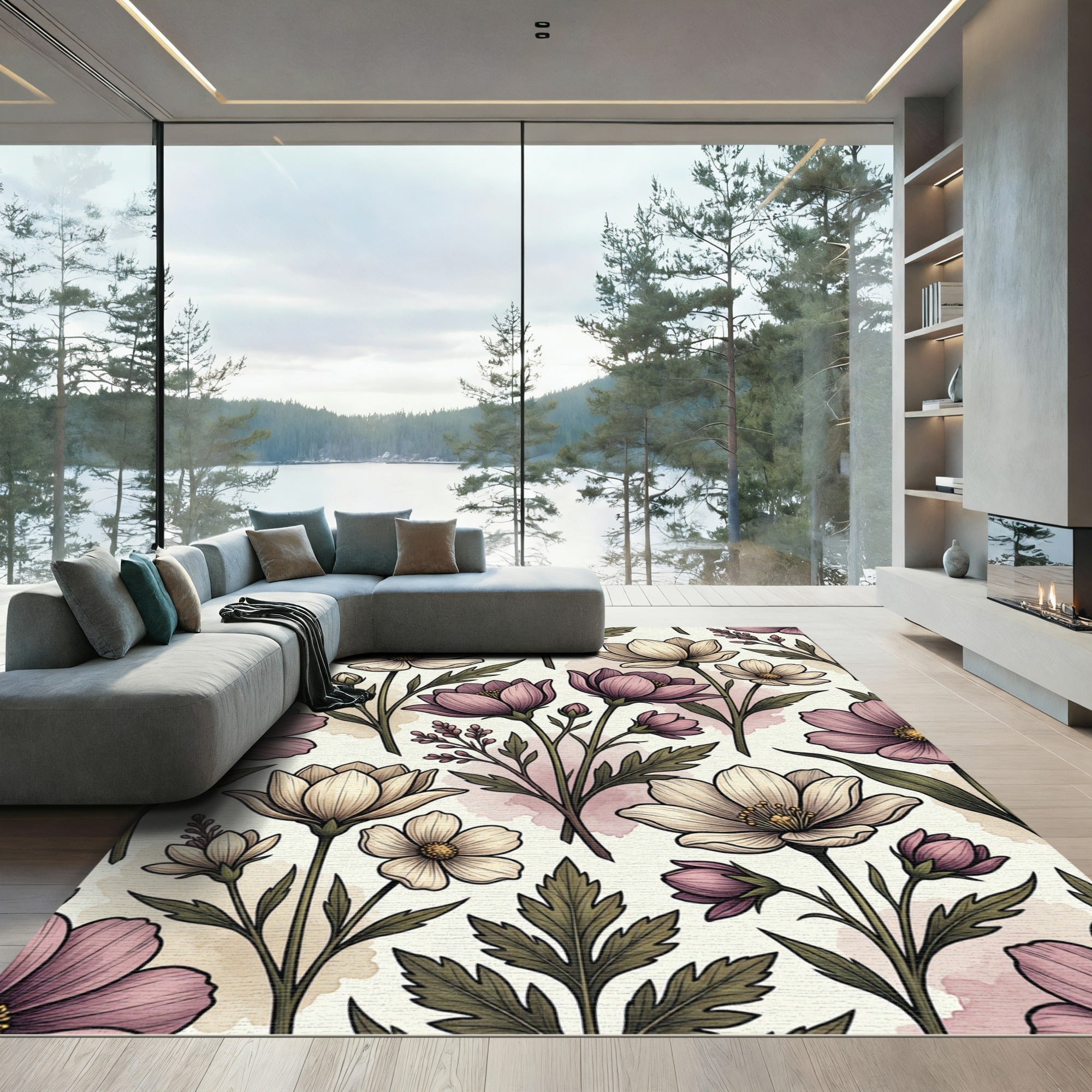 Muted Floral Botanical Arrangement Rug