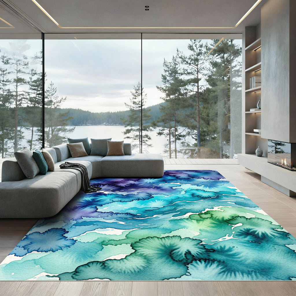 Deep Blue Green Watercolor Sea Ripples Rug