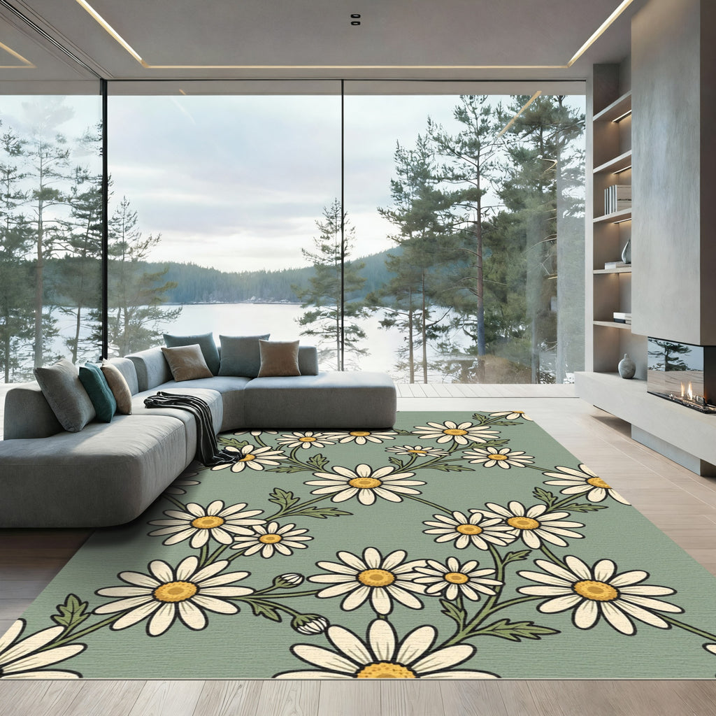 Sage Green Daisy Botanical Meadow Rug