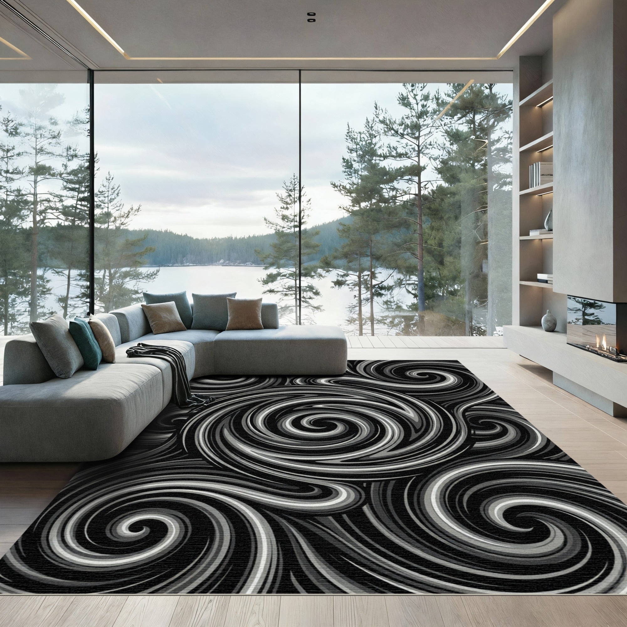 Monochrome Swirl Line Art Rug