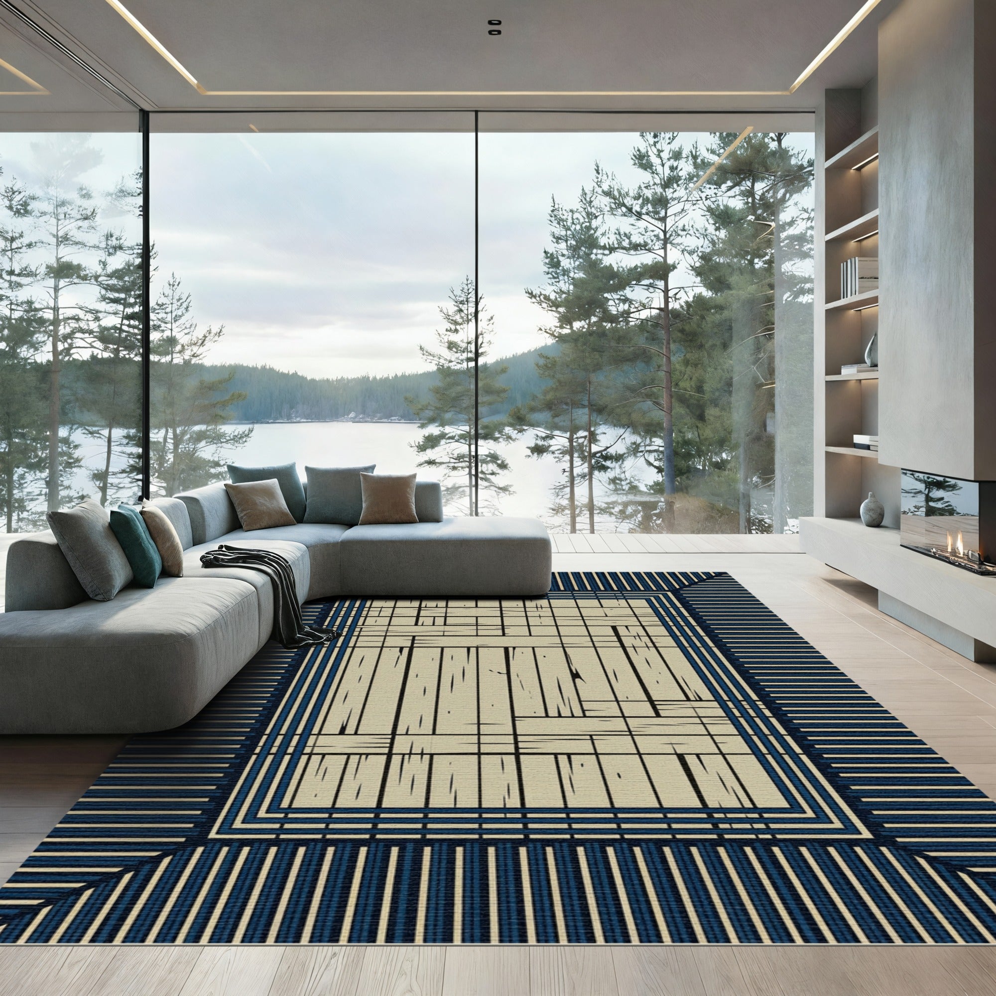 Japanese Wood Texture Navy Striped Border Rug