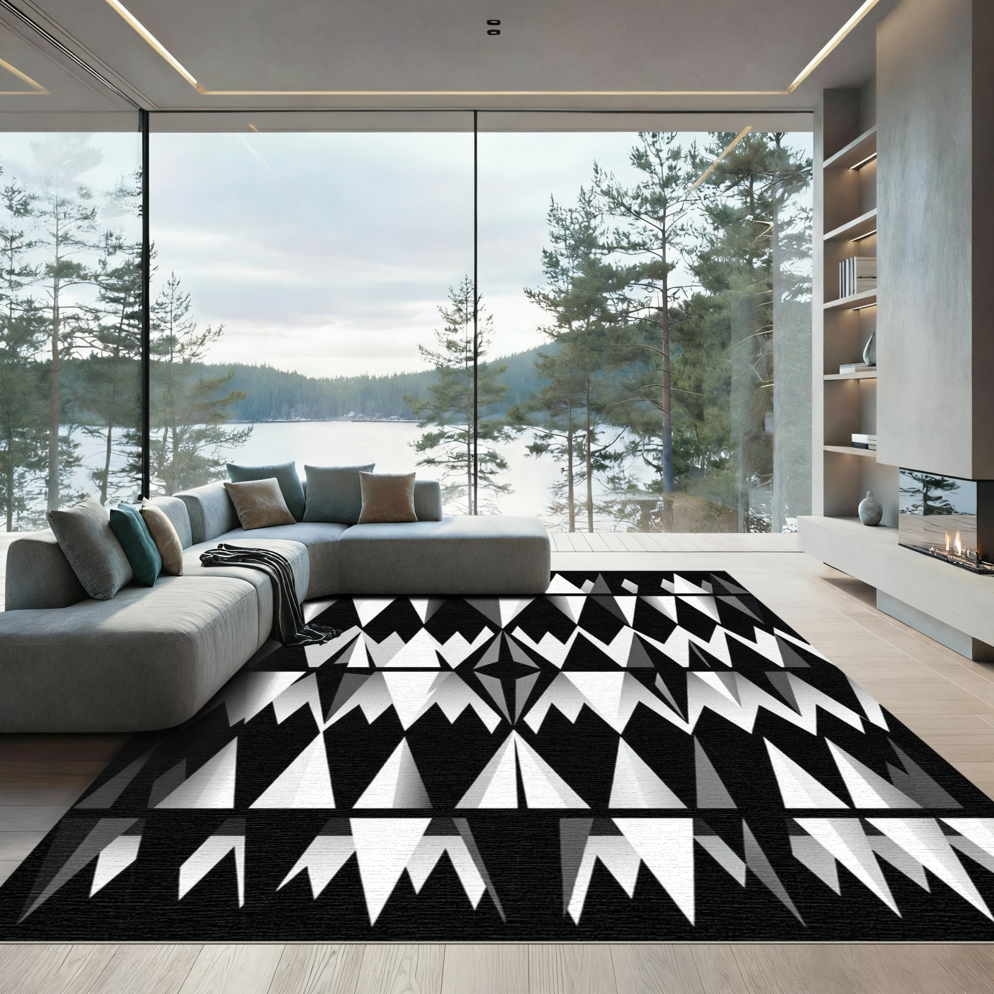 Bold Monochrome Geometric Spiked Abstract Rug