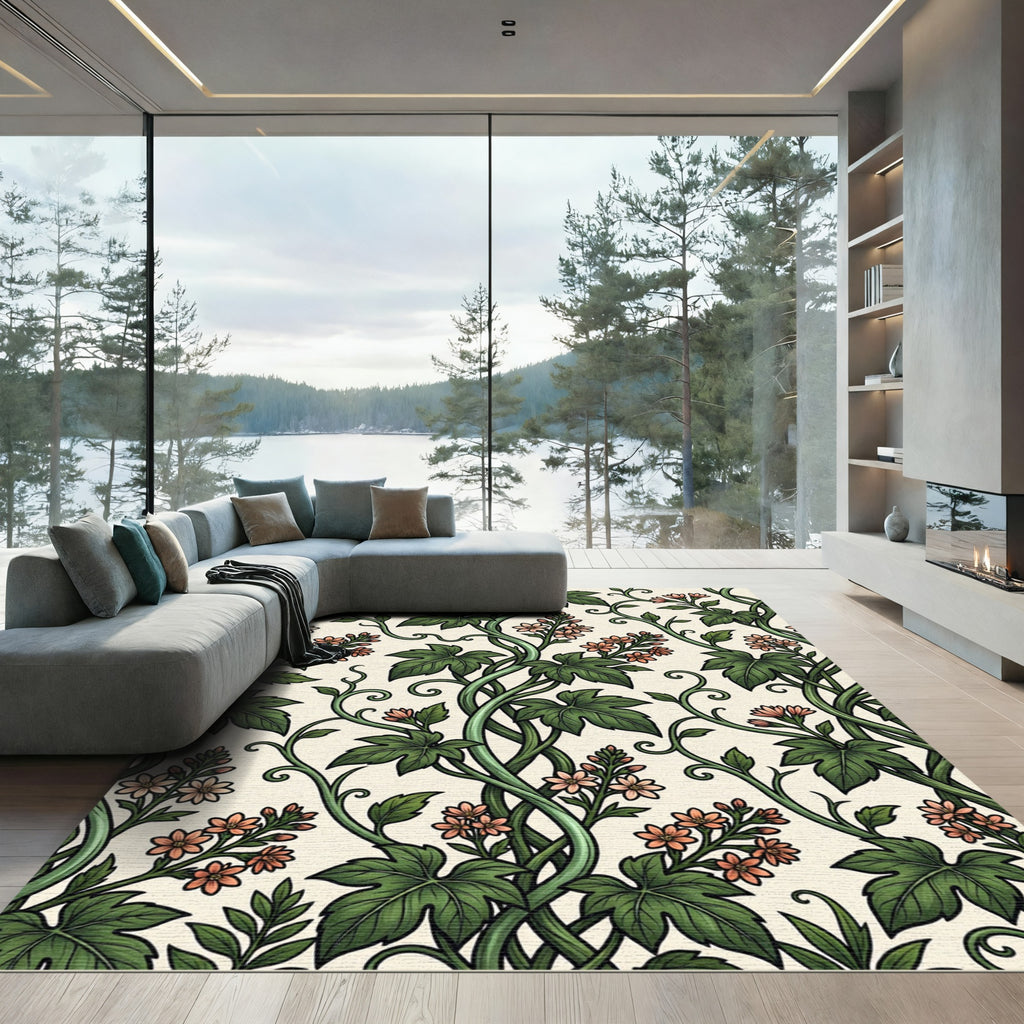 Elegance Green Vine Salmon Floral Scroll Rug