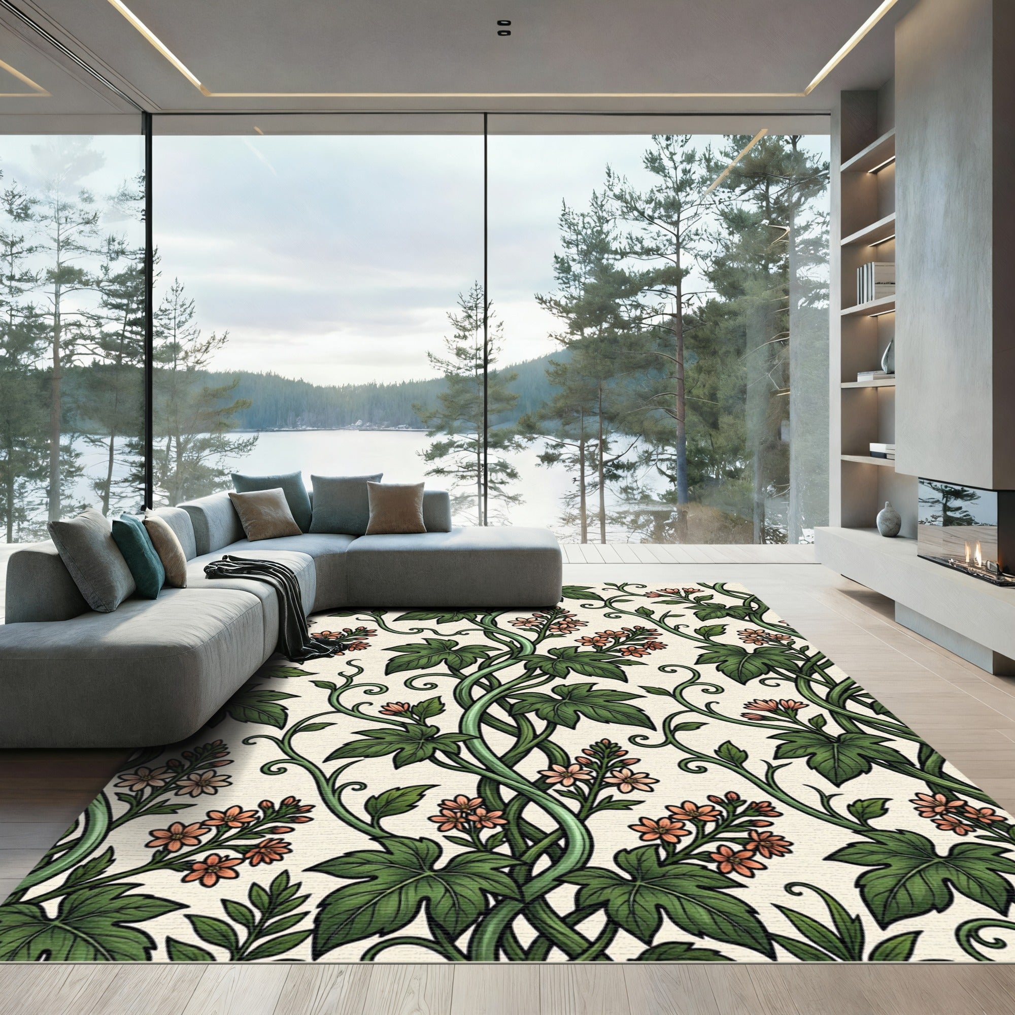 Elegance Green Vine Salmon Floral Scroll Rug