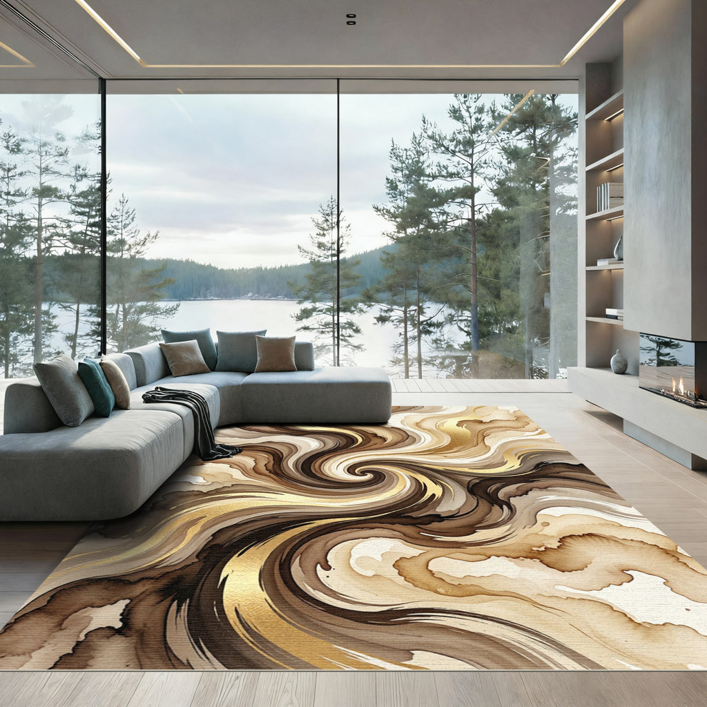 Abstract Gold and Brown Swirl Rug