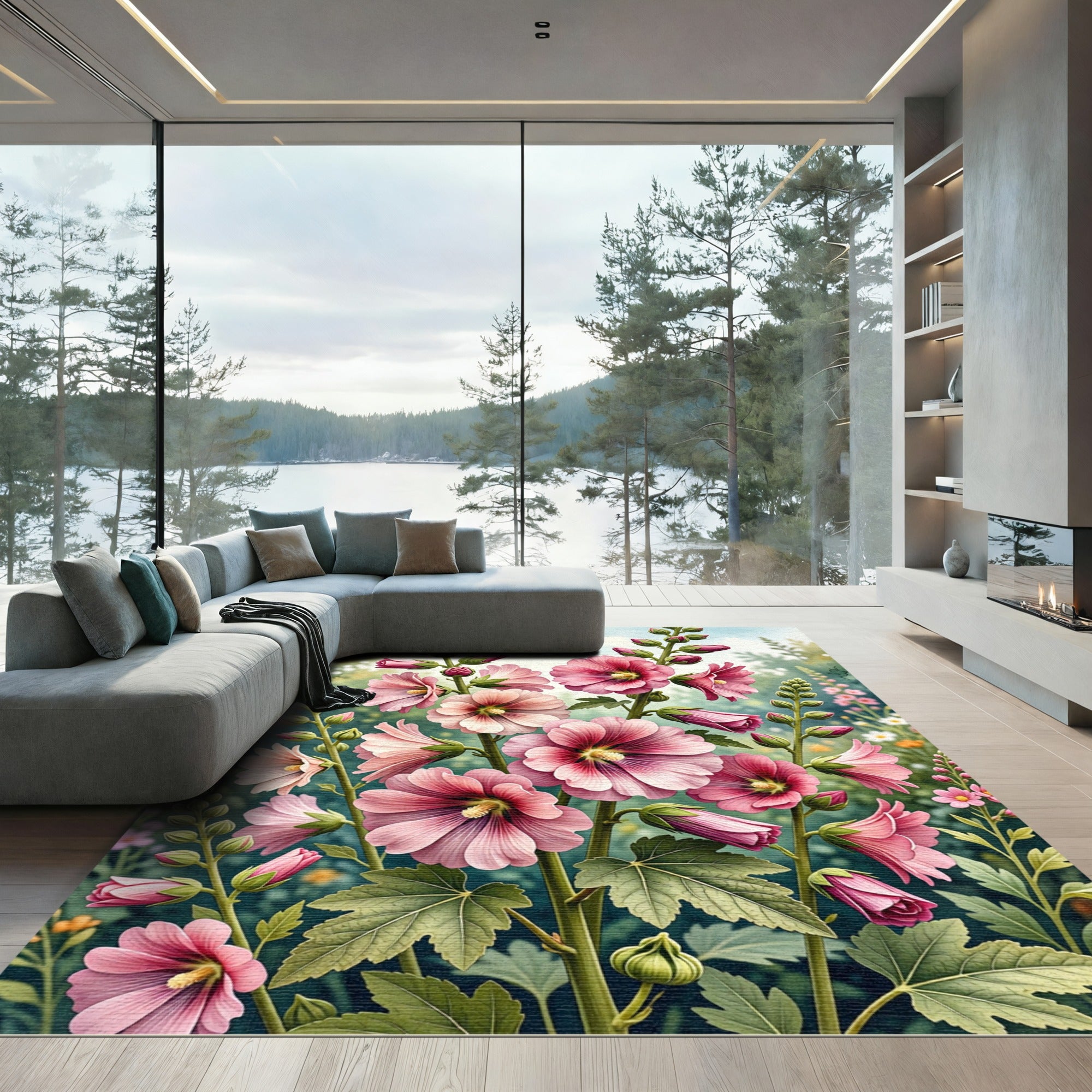 Vibrant Pink Hollyhock Botanical Garden Rug