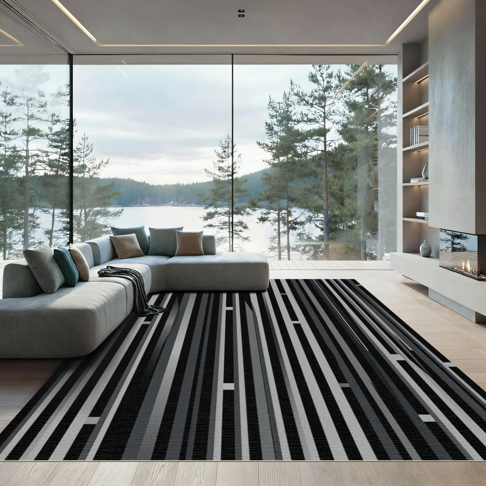 Modern Monochrome Vertical Striped Minimalist Rug
