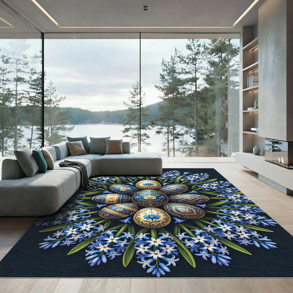 Golden Floral Ornate Egg Blue Hyacinth Rug