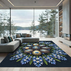 Golden Floral Ornate Egg Blue Hyacinth Rug